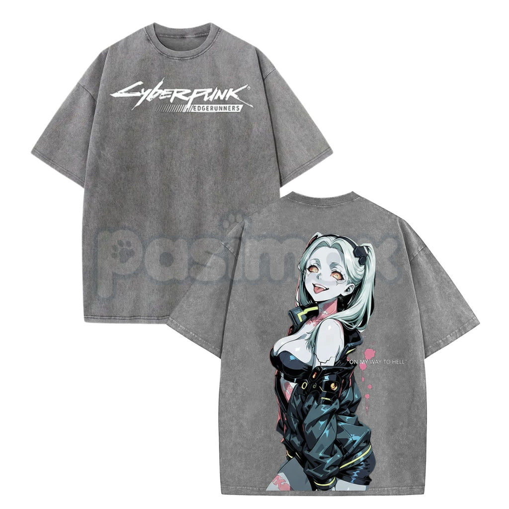 Pasimax Cyberpunk: Edgerunners Rebecca Printed T-Shirt – Vintage Washed Unisex Anime Streetwear — detail close-up