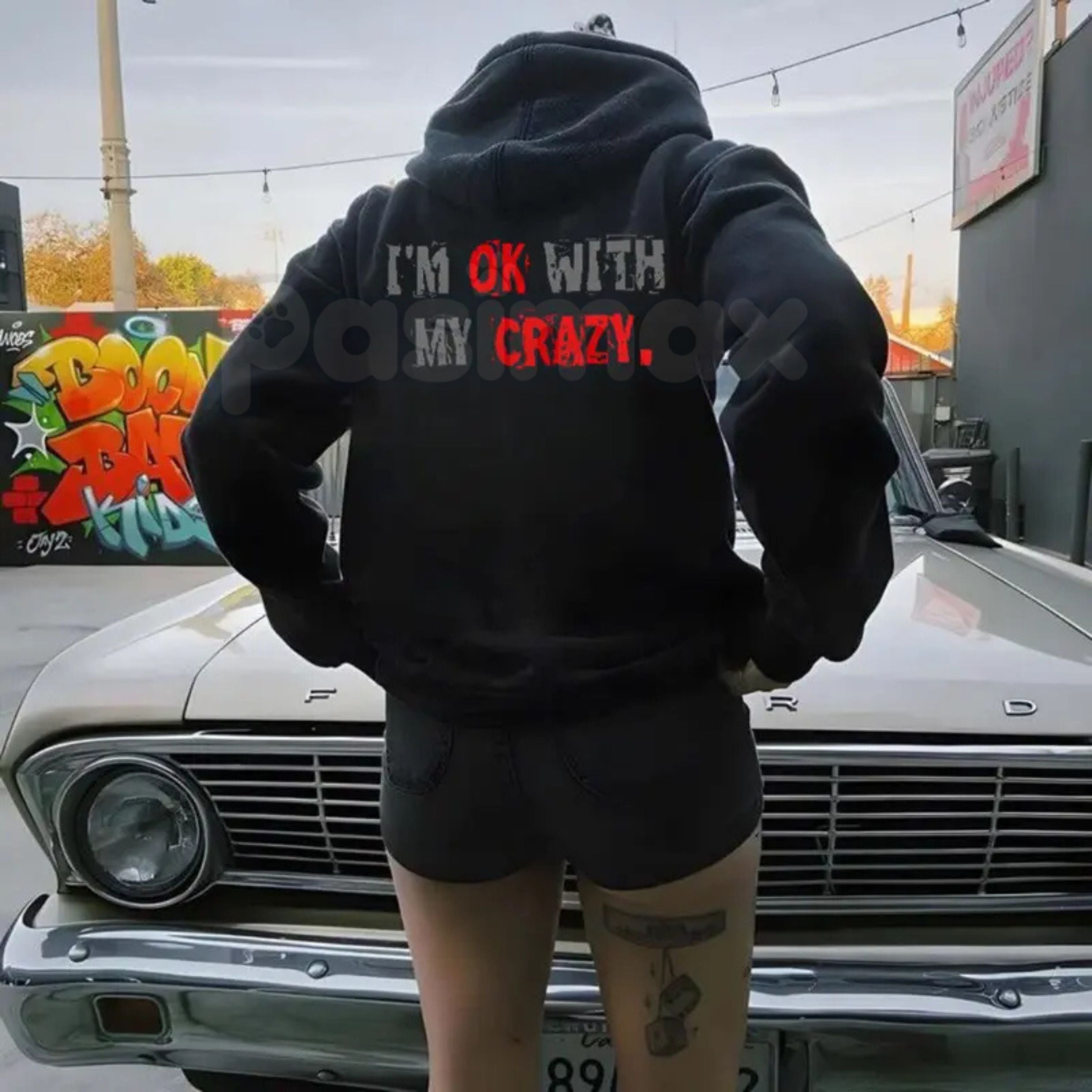 Pasimax "I’m OK With My Crazy" Funny Graphic Hoodie – Sarcastic Self-Love Pullover, Relatable Humour Aesthetic Sweatshirt, Un