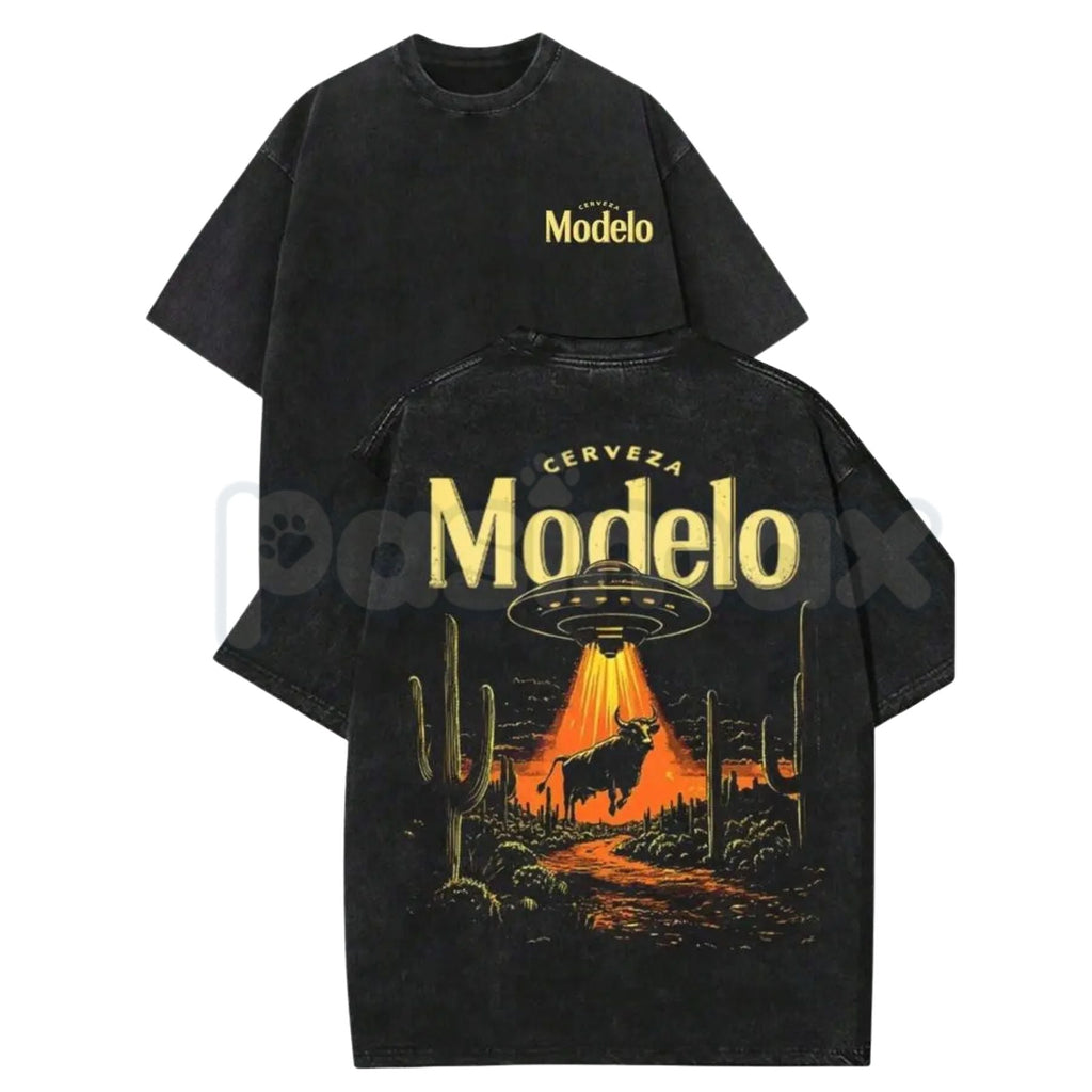 Retro Cerveza Modelo UFO Abduction T-Shirt – Vintage Washed Desert Cactus Graphic Tee, Alien Bull Heist Beer Streetwear