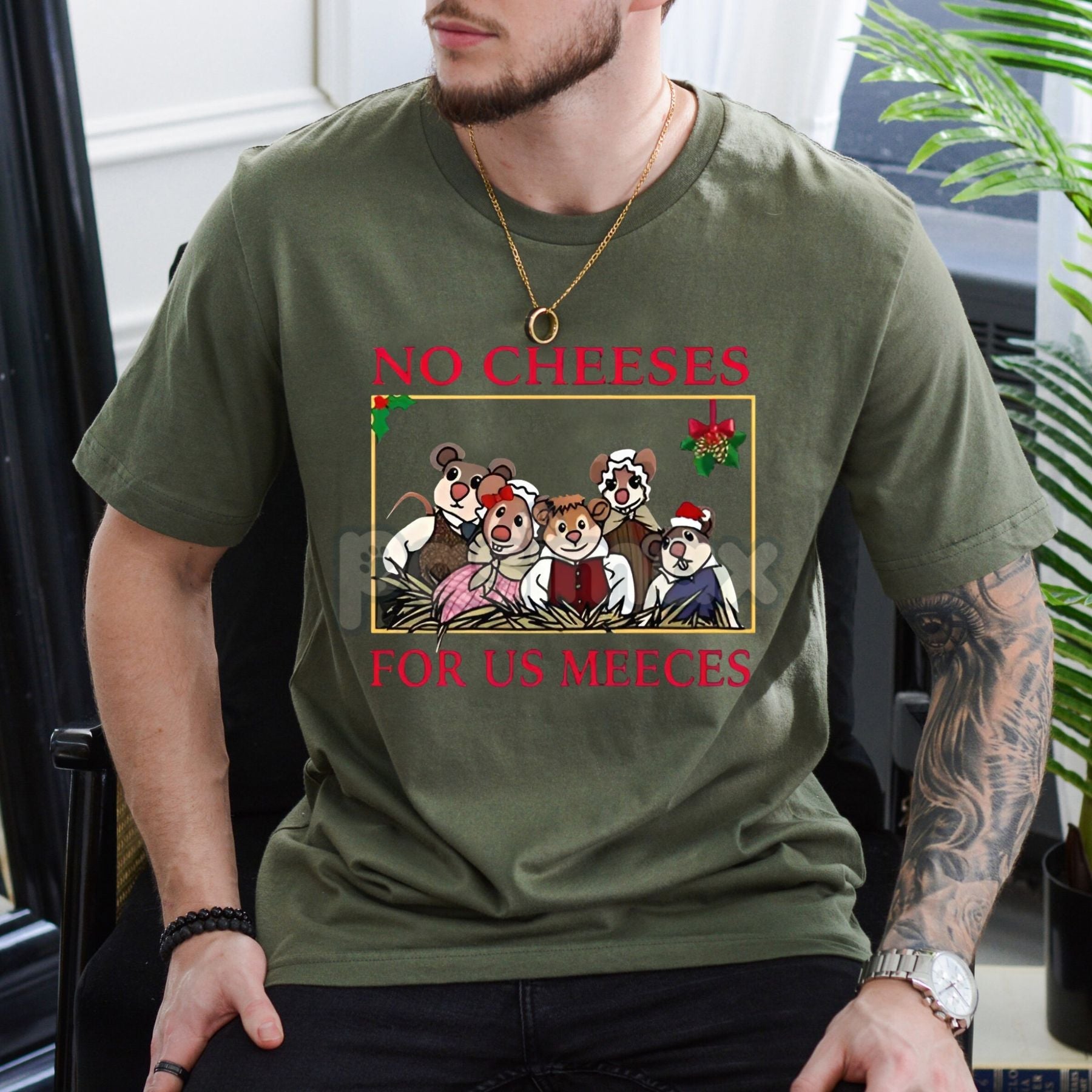 Pasimax "No Cheeses For Us Meeces" Christmas Shirt — detail close-up