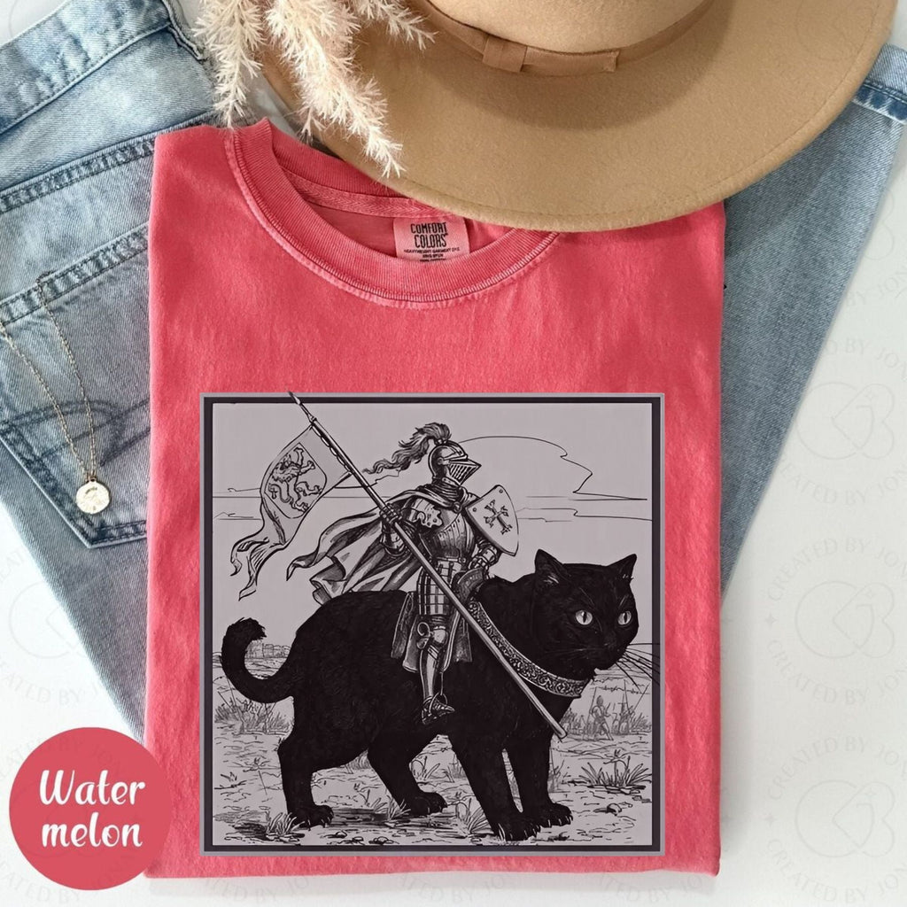 Pasimax Funny Medieval Knight Cat Rider T-Shirt — detail close-up