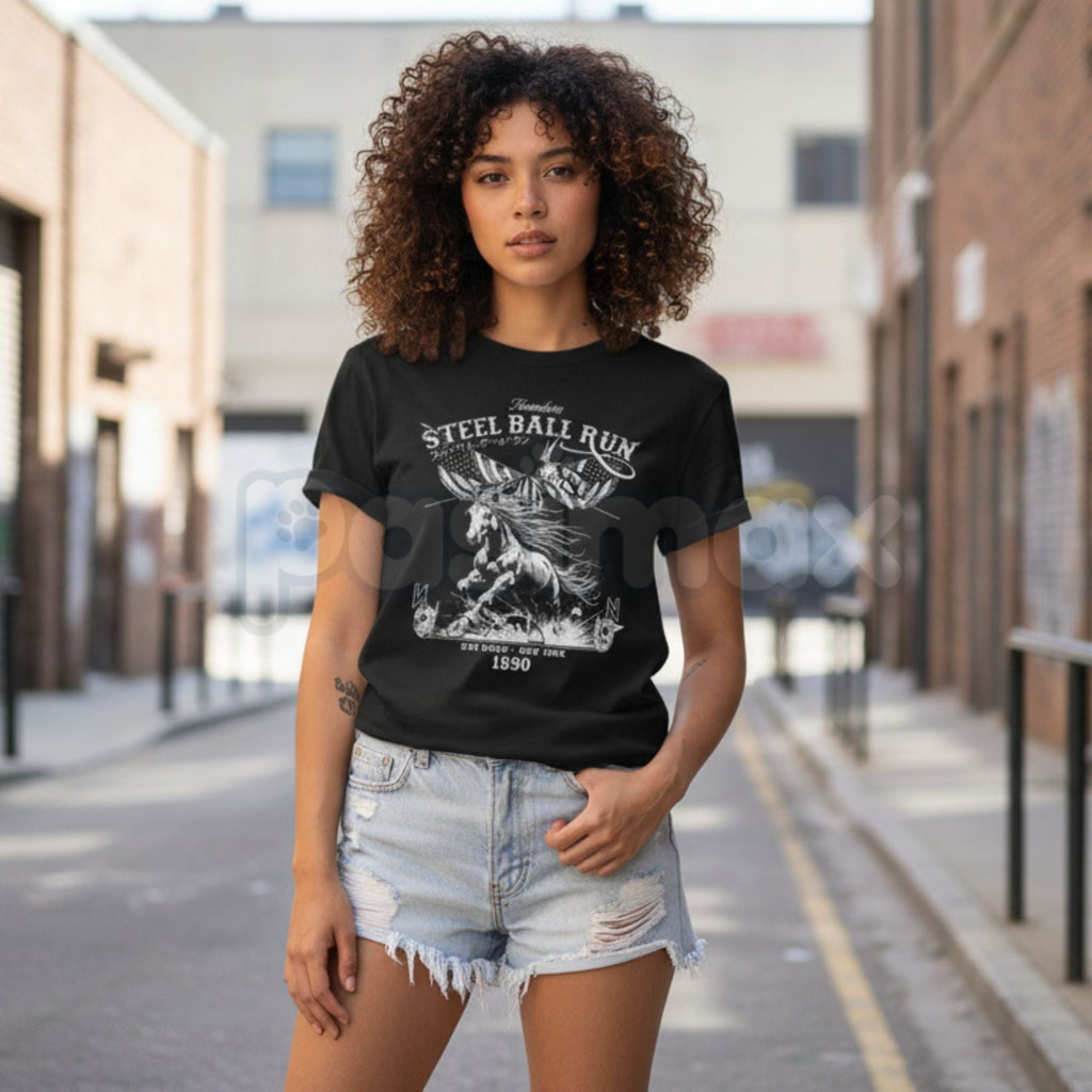 "Steel Ball Run" Horse Racing American Flag T-Shirt – Western Manga Graphic Tee, Premium 100% Cotton Cowboy Adventure Top, Soft Lived-In Heavyweight SBR Fan Shirt, Made in USA
