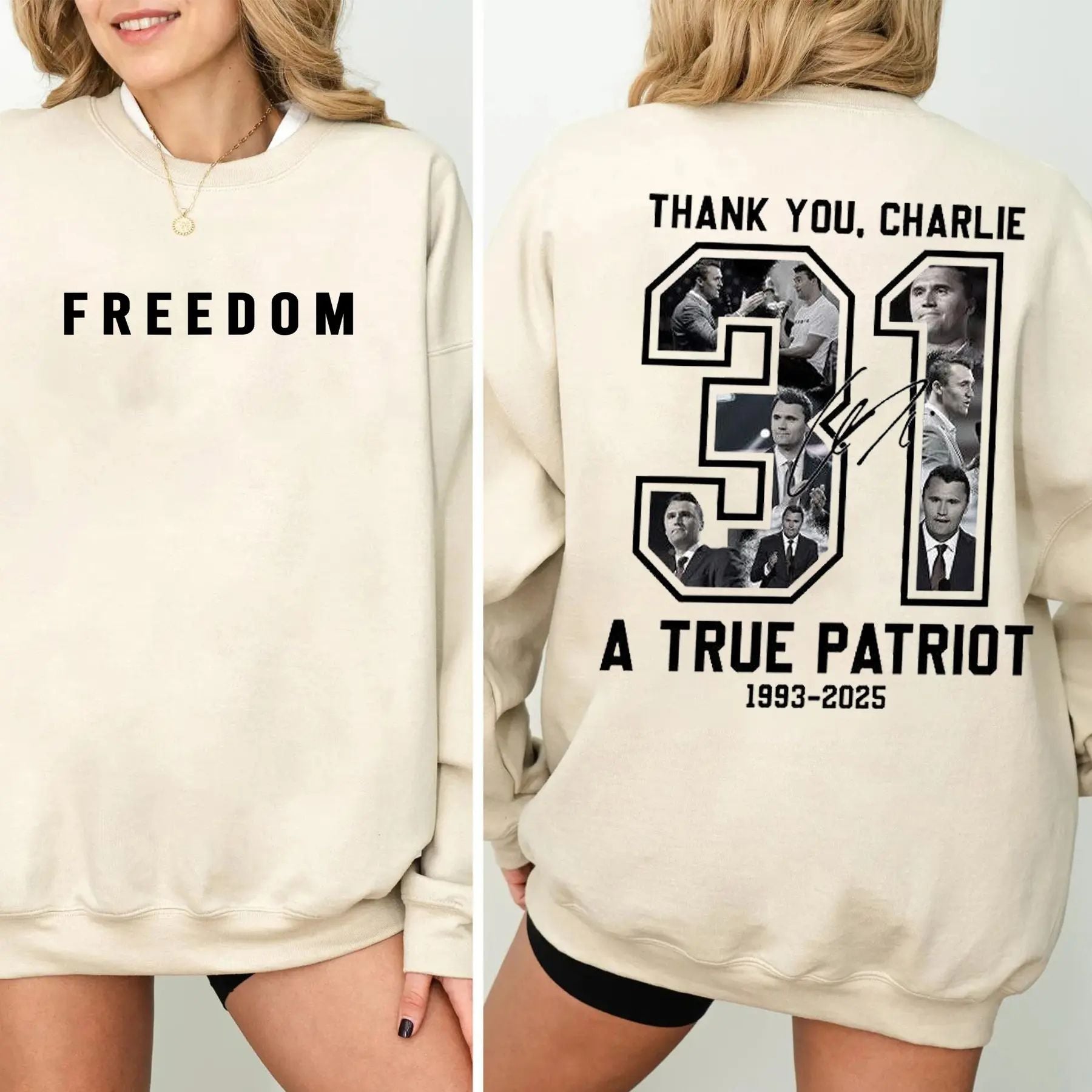 Pasimax Freedom Charlie Kirk Sweatshirt – Patriotic Political Top — detail close-up
