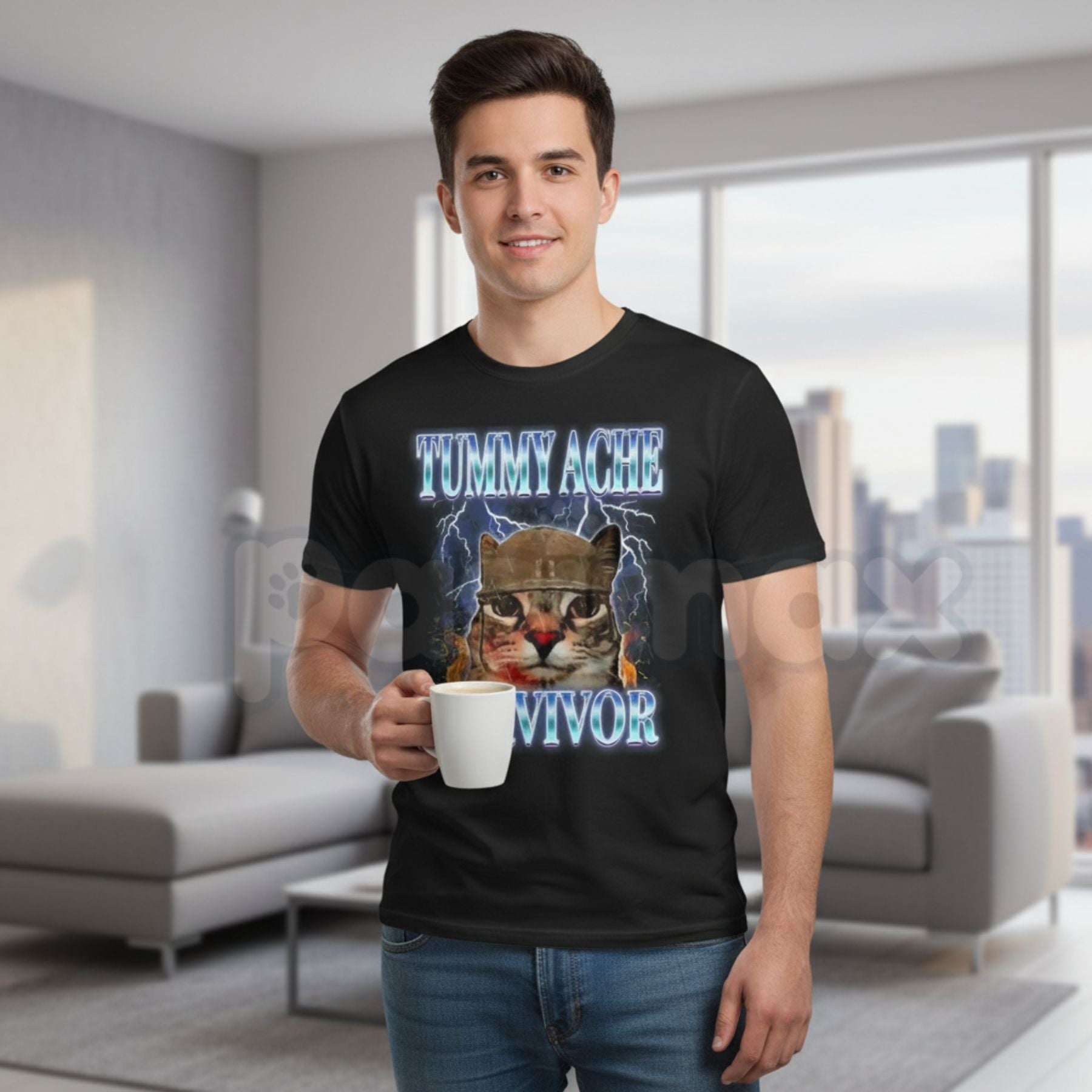 Funny "Tummy Ache Survivor" Cat Meme T-Shirt – Sarcastic Graphic Humor Tee, Premium 100% Cotton Relatable Animal Top, Soft Lived-In Heavyweight Dramatic Cat Shirt, Made in USA