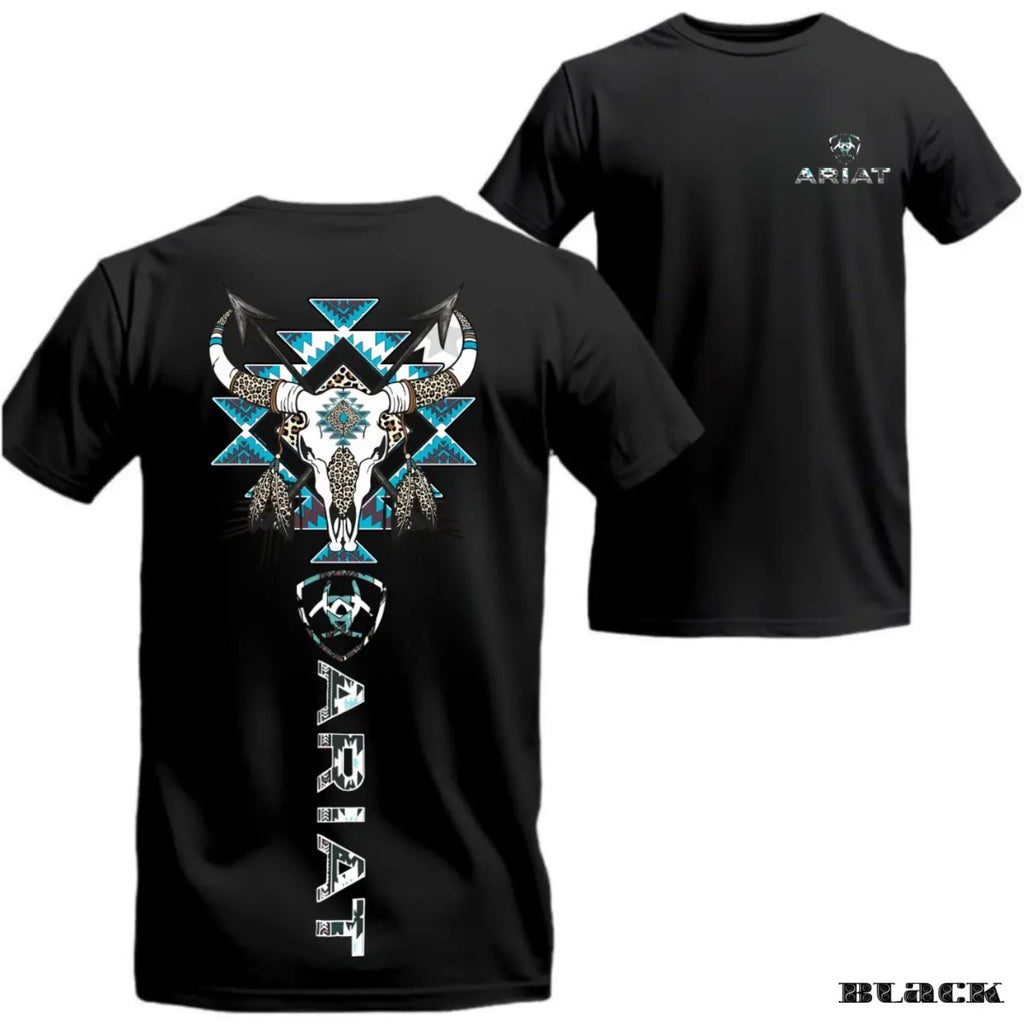 Pasimax Ariat Western Bull Skull T-Shirt - Tribal Graphic with Turquoise Accents, Rodeo Style Gift Tee — detail close-up