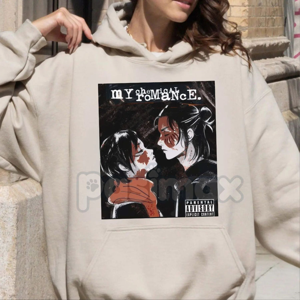 Pasimax AOT Rock Band Album Cover Hoodie – Anime Mashup Streetwear, Attack on Titan Heavy Metal Pullover, Unisex — detail clo