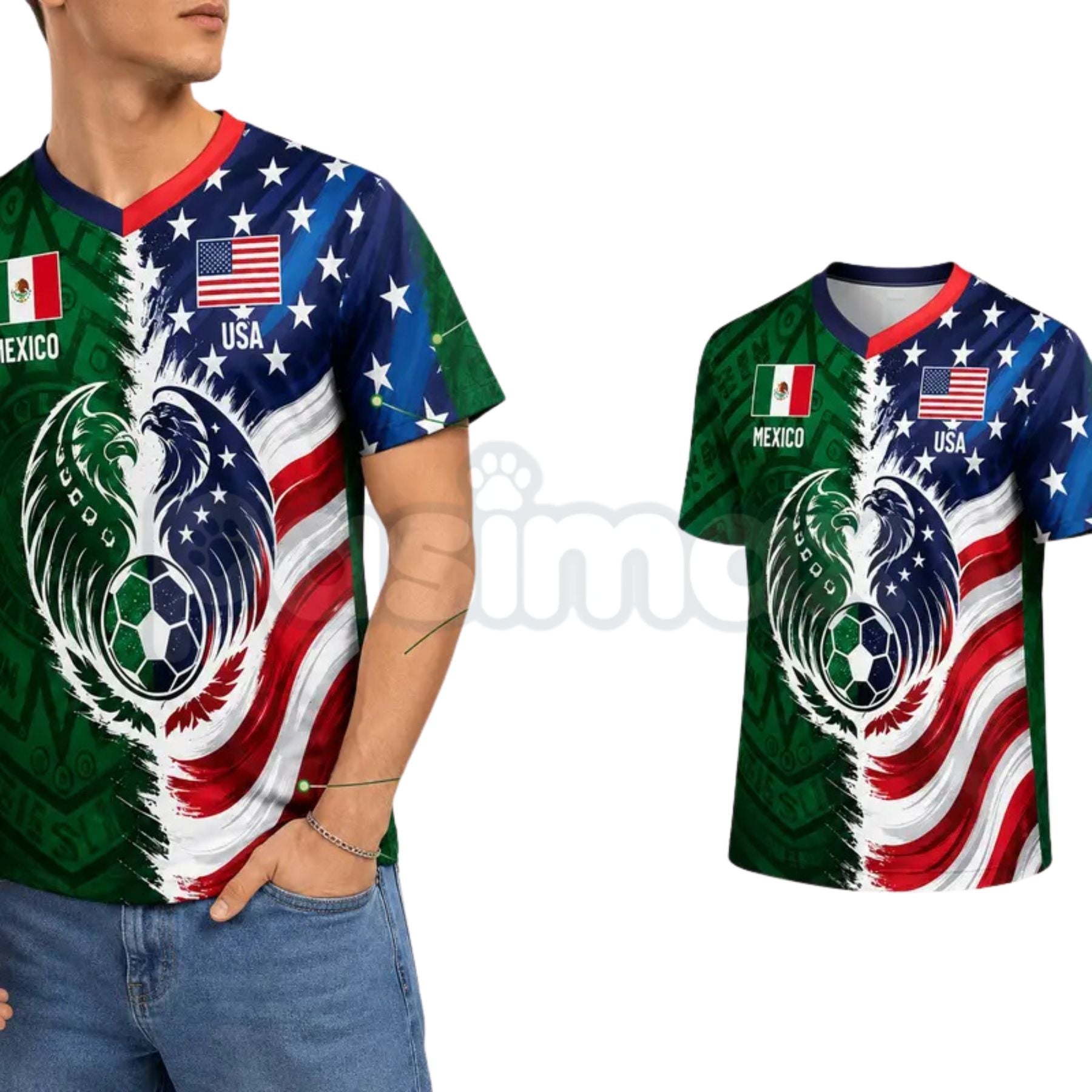 Split Half Mexico Green Tribal & US Stars Stripes Athletic V-Neck Shirt – Dual Heritage Soccer Jersey
