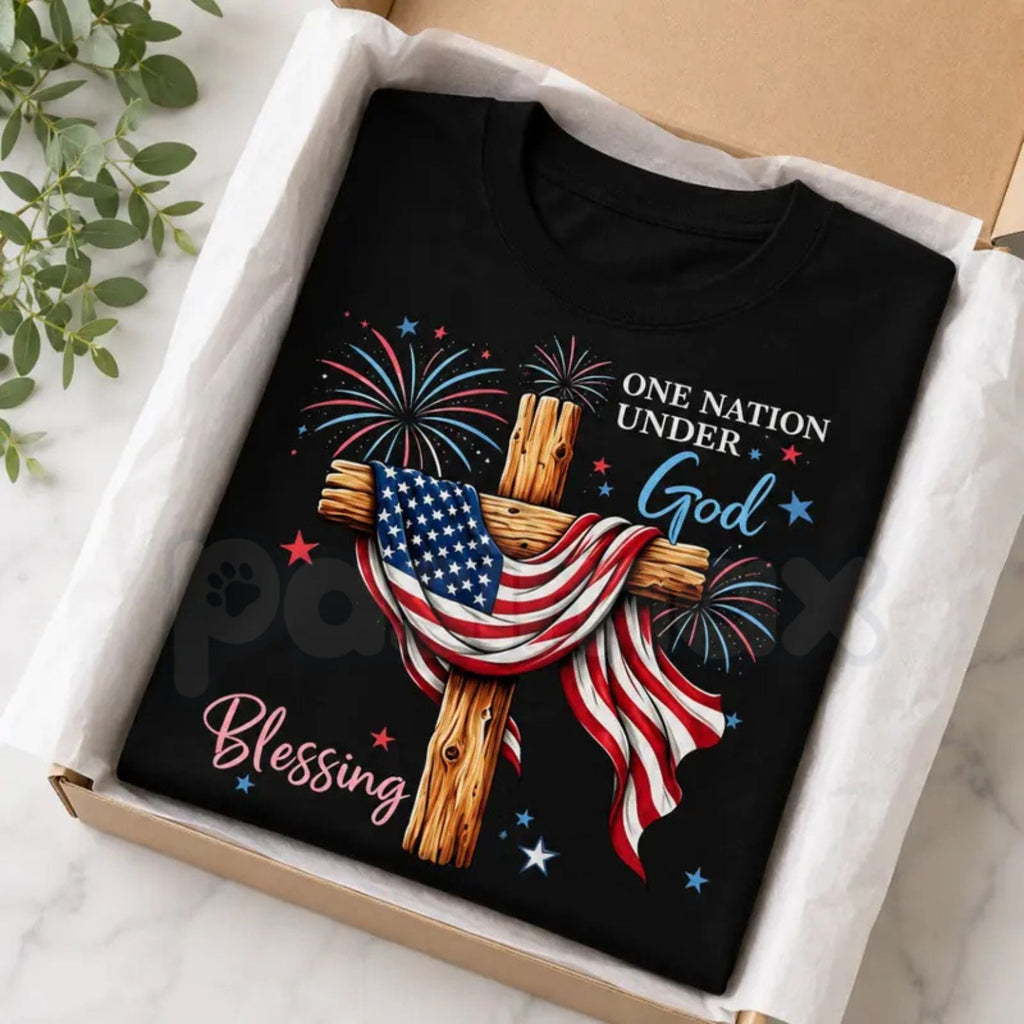 "One Nation Under God" American Flag Cross T-Shirt – Christian Patriotic 4th of July Novelty Faith Graphic Tee