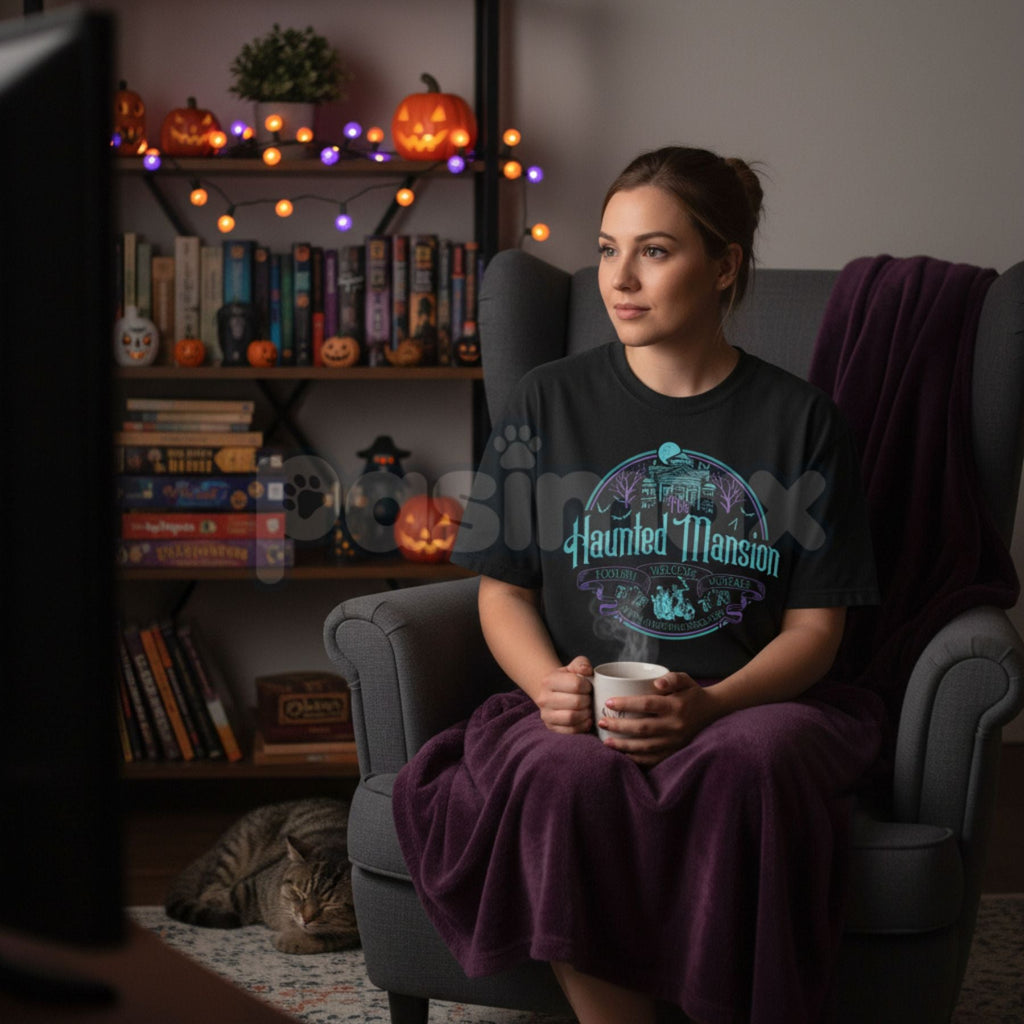 Pasimax Vintage Haunted Mansion Hitchhiking Ghosts T-Shirt - Retro Halloween "Welcome Foolish Mortals" Tee, Premium 100% Cott