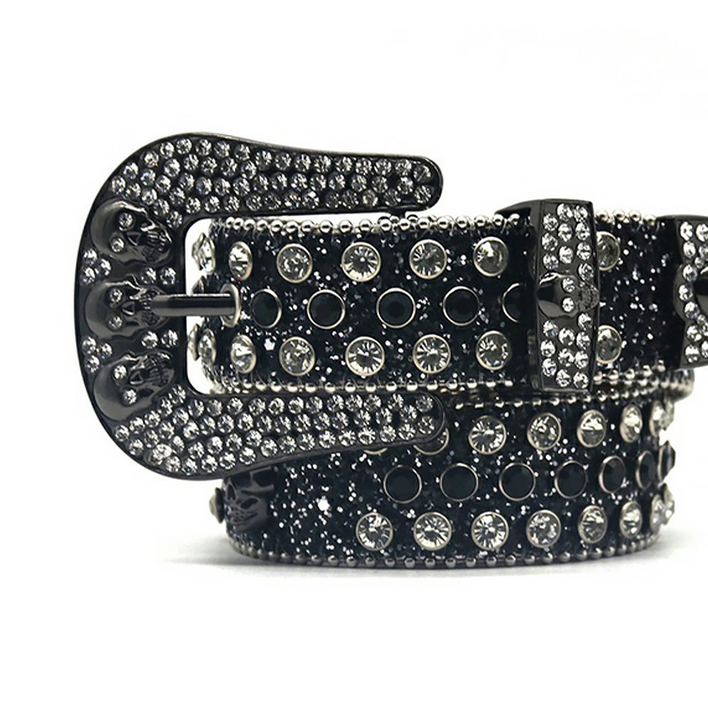 Rhinestone Belt Store Black Skull With Black & Crystal Rhinestone Belt — detail close-up