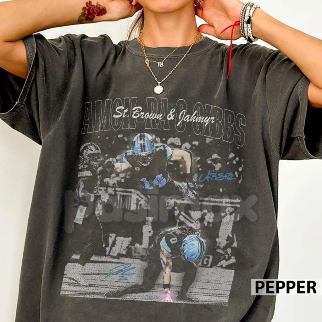 Pasimax Amon-Ra St. Brown & Jahmyr Gibbs Detroit Football Shirt – Casual Streetwear Style, Vintage Fan Tee — detail close-up
