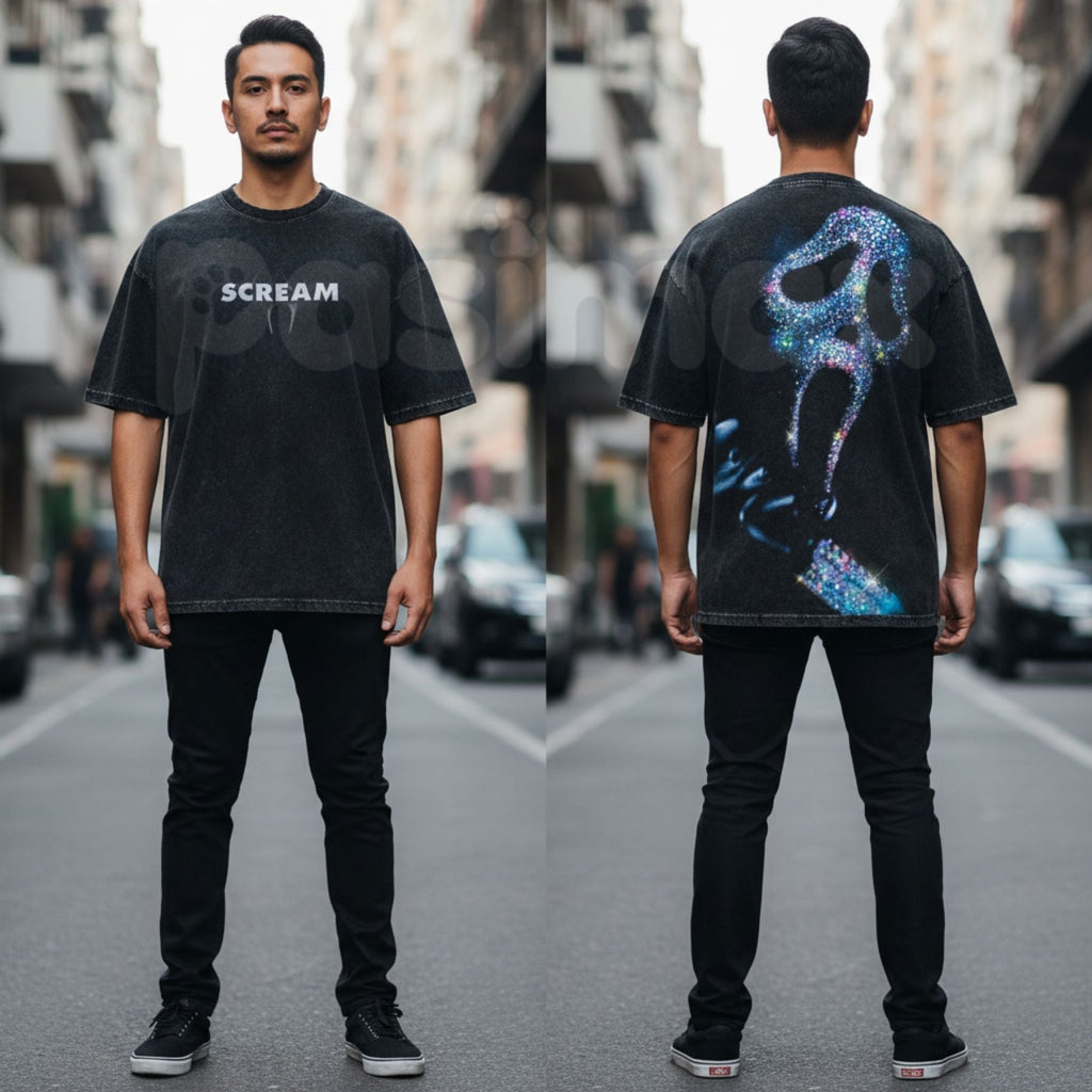 Pasimax Ghostface "Scream" Slasher Streetwear Tee – y2k Vintage Washed Oversized Graphic T-Shirt — detail close-up