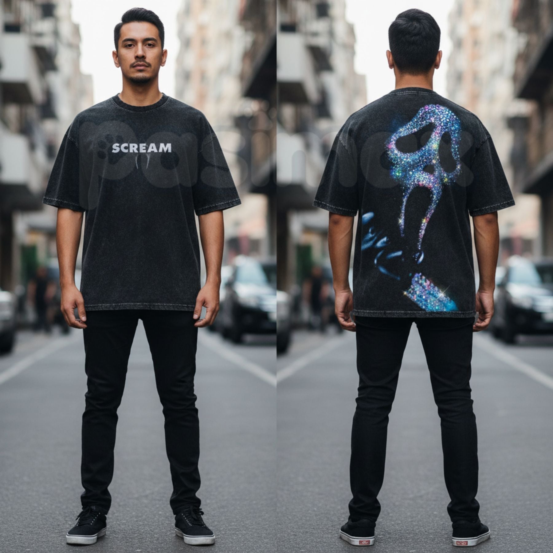 Pasimax Ghostface "Scream" Slasher Streetwear Tee – y2k Vintage Washed Oversized Graphic T-Shirt — detail close-up