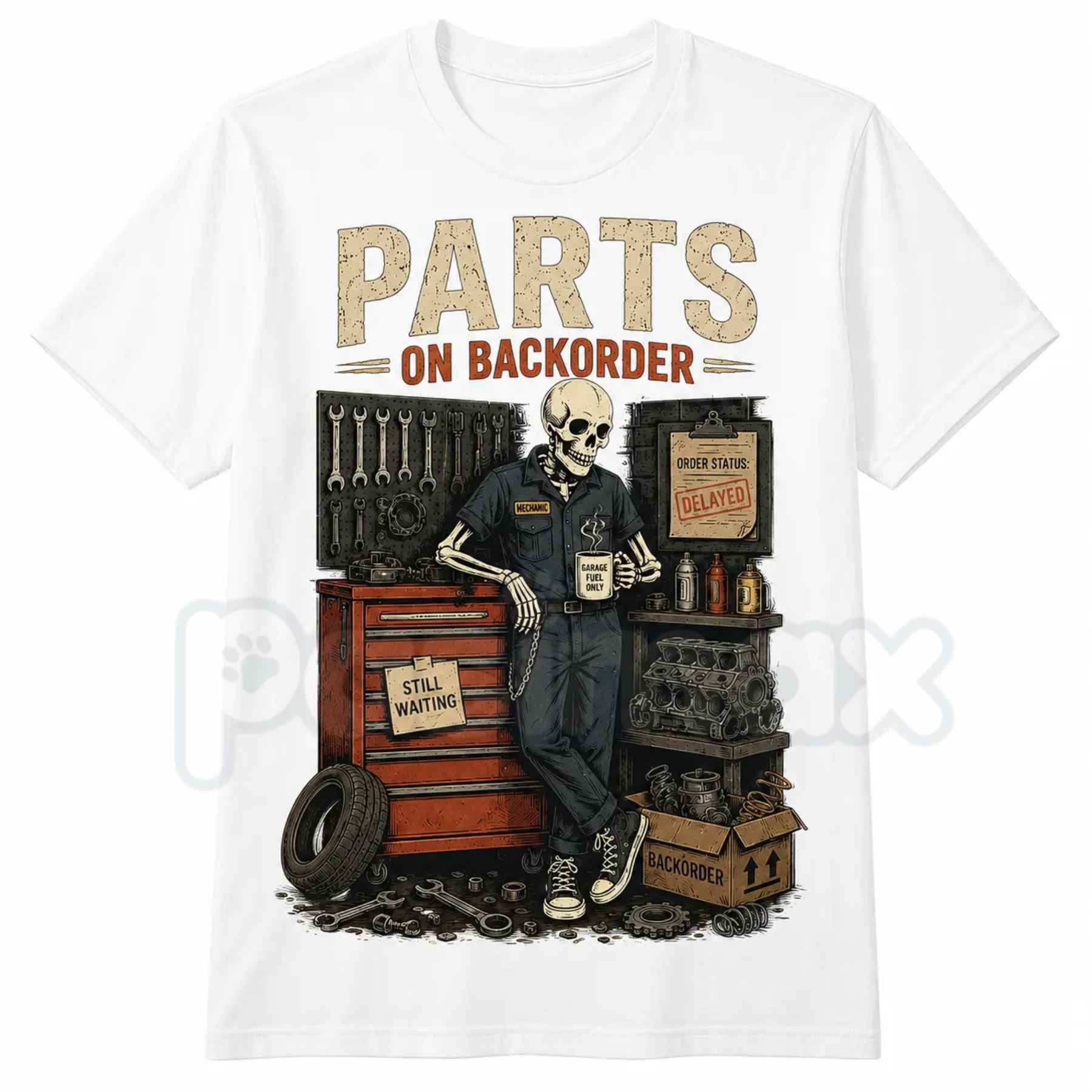 Waiting On Parts Funny Skeleton Auto Mechanic T-Shirt – Technician Humor Unisex Cotton Graphic Tee