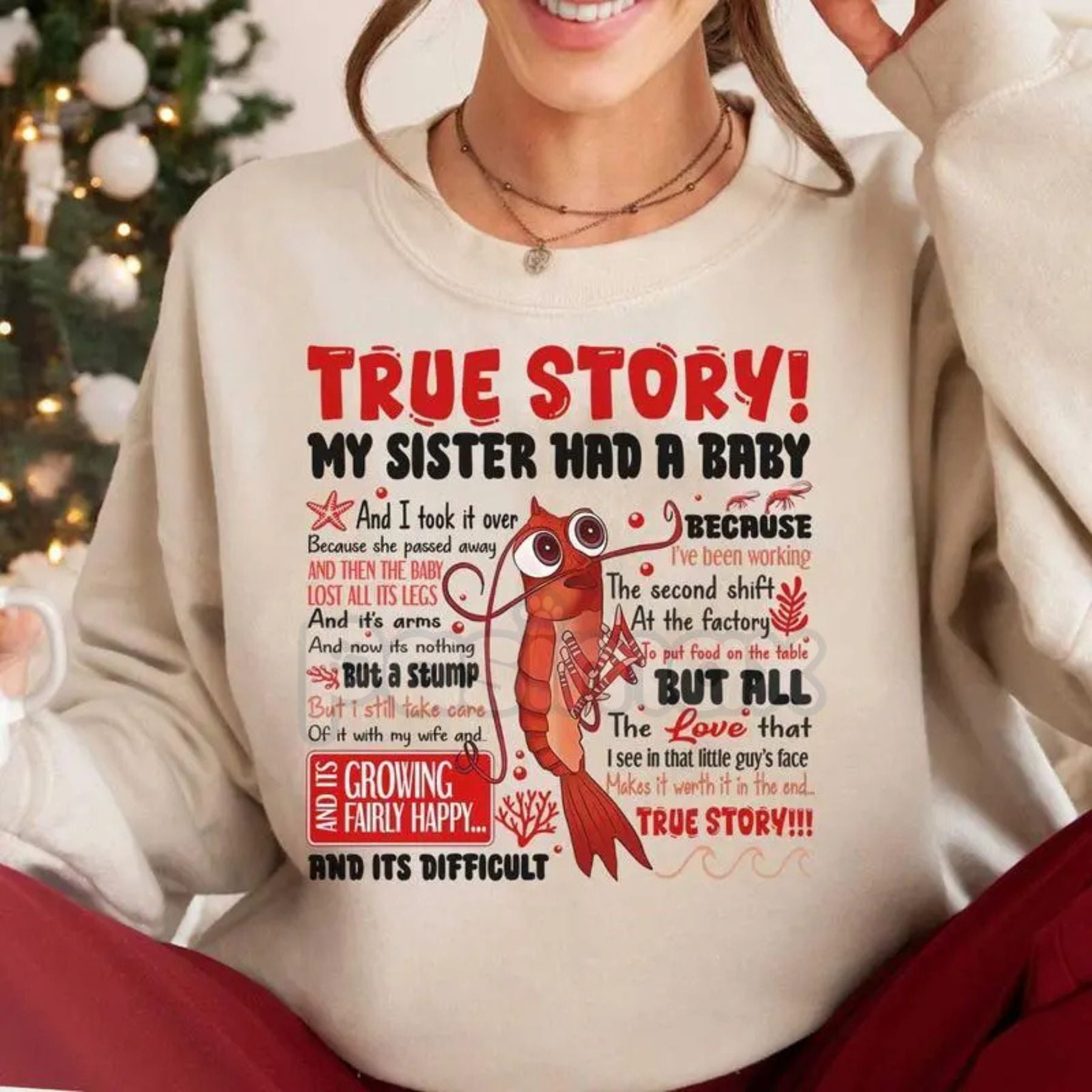 Pasimax Shark Tale Quote Sweatshirt: "True Story" Shrimp Shirt – Film Quote Fan Crewneck — detail close-up