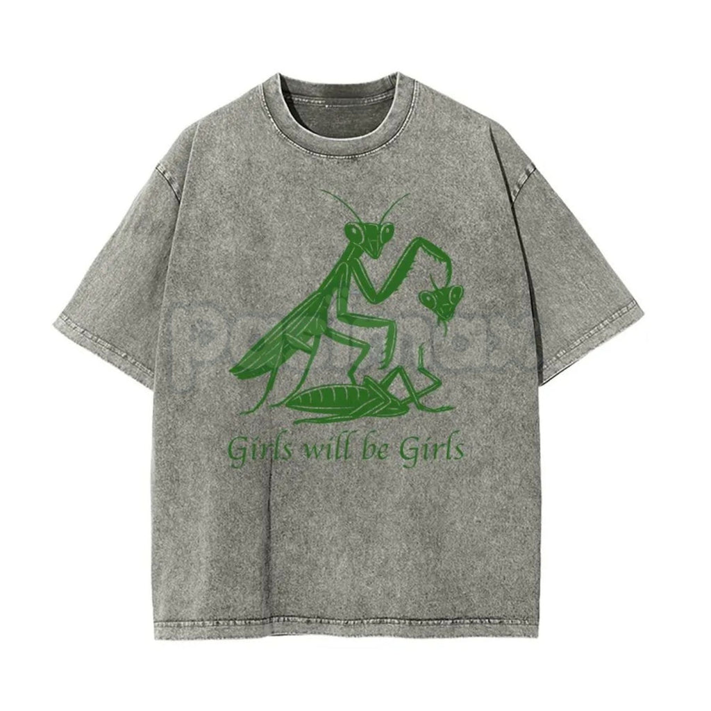 Pasimax Girls Will Be Girls Oversize Unisex Washed T-Shirt – Trendy Aesthetic Graphic Streetwear Tee — detail close-up