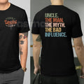 Pasimax Cool Uncles Club: "The Man Myth Bad Influence" Double Sides Shirt – Funny Graphic Tee, Sweatshirt & Hoodie — detail c