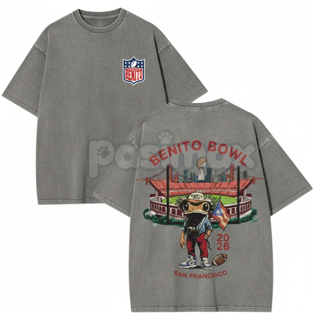Pasimax Benito Bowl 2026 Vintage Washed Graphic Tee – Bad Bunny Inspired Retro Music Merch — detail close-up