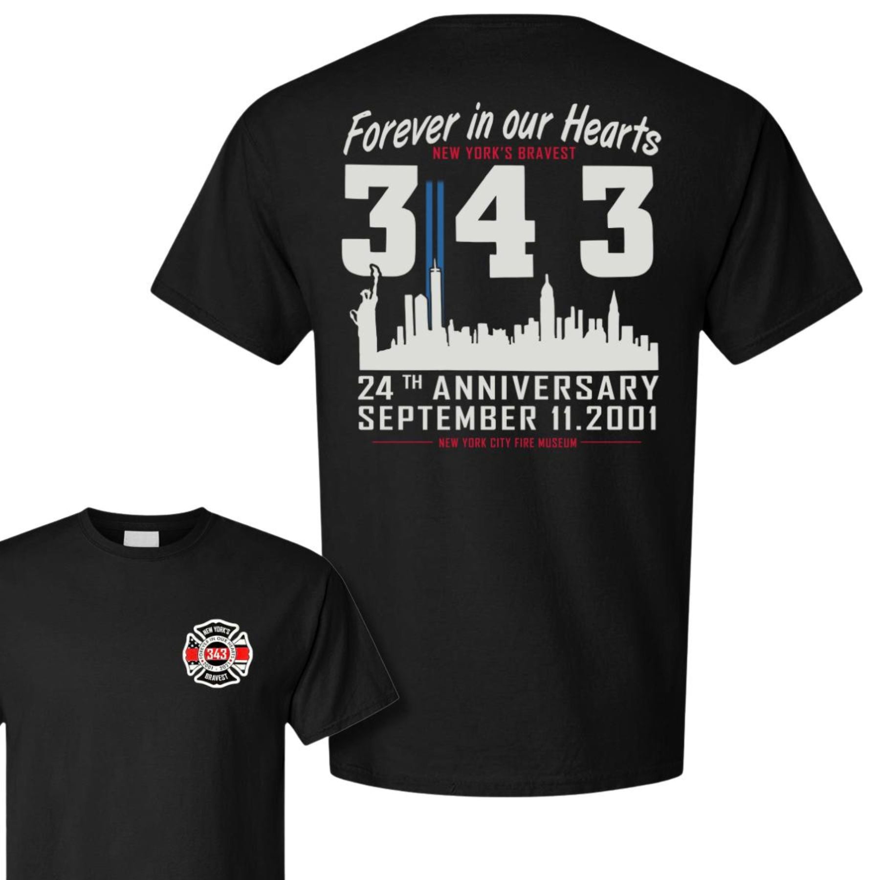 Pasimax 343 Forever in Our Hearts 9/11 Memorial T-Shirt — detail close-up