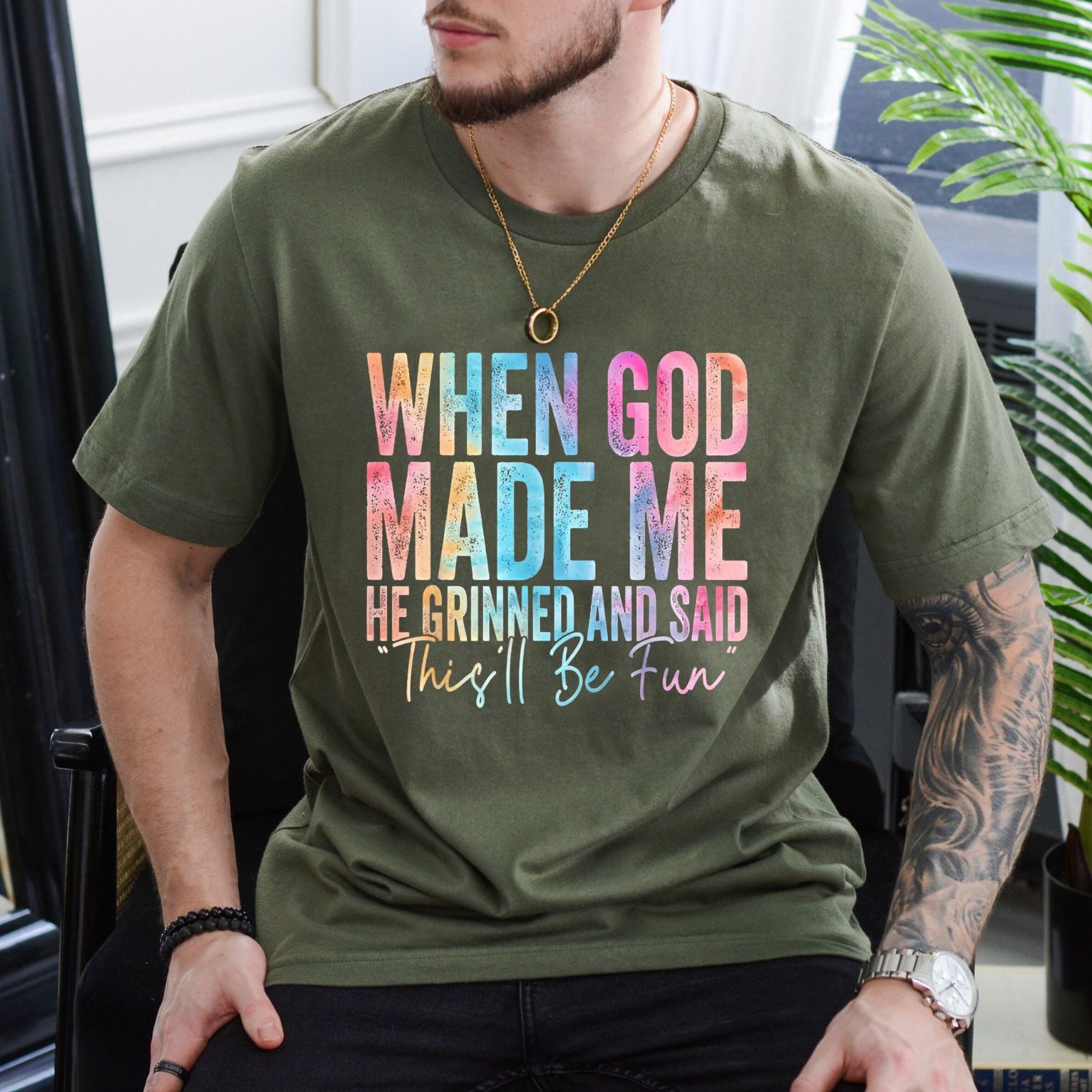 Pasimax "When God Made Me He Grinned" T-Shirt — detail close-up