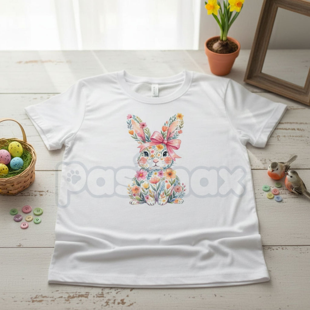 Pasimax Easter Bunny with Pink Bow & Colorful Swirls T-Shirt - Vibrant Spring Floral Graphic Tee, Premium 100% Cotton Easter 