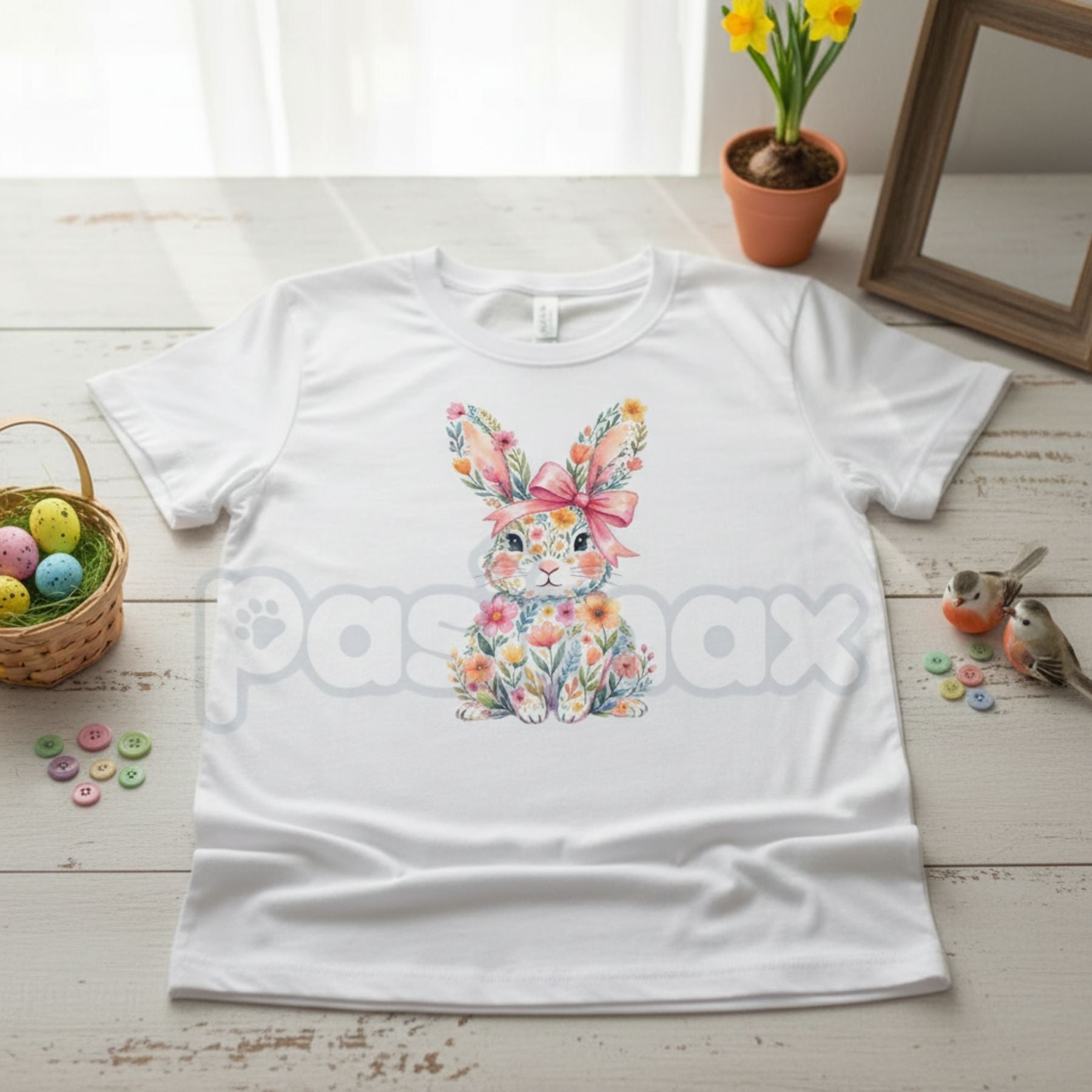 Pasimax Easter Bunny with Pink Bow & Colorful Swirls T-Shirt - Vibrant Spring Floral Graphic Tee, Premium 100% Cotton Easter 