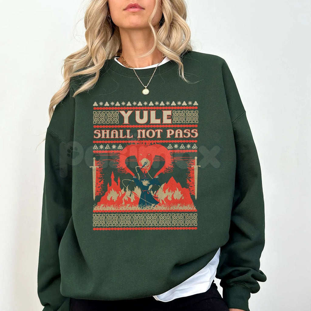 Pasimax 'Yule Shall Not Pass' Heavy Metal Sweatshirt | Balrog Death Metal Font LOTR Ugly Christmas Sweater — detail close-up