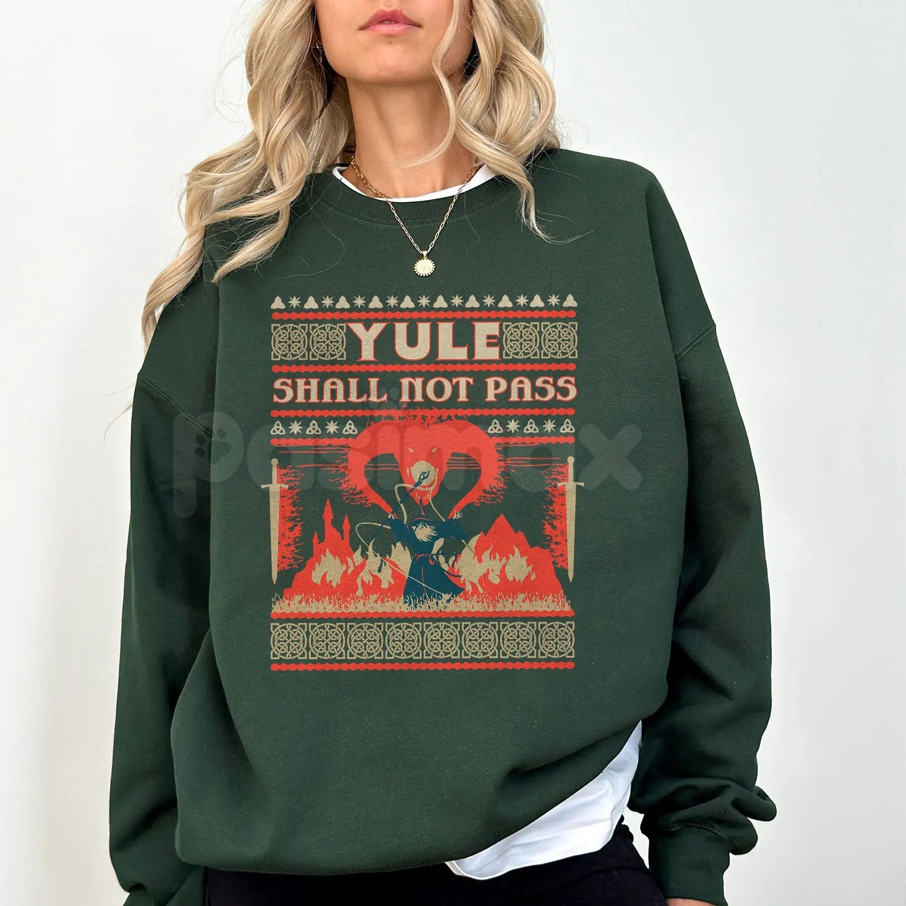 Pasimax 'Yule Shall Not Pass' Heavy Metal Sweatshirt | Balrog Death Metal Font LOTR Ugly Christmas Sweater — detail close-up