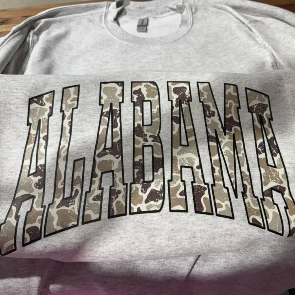 Pasimax Camo State Sweatshirt – Unisex Camouflage State Pride Crewneck — detail close-up