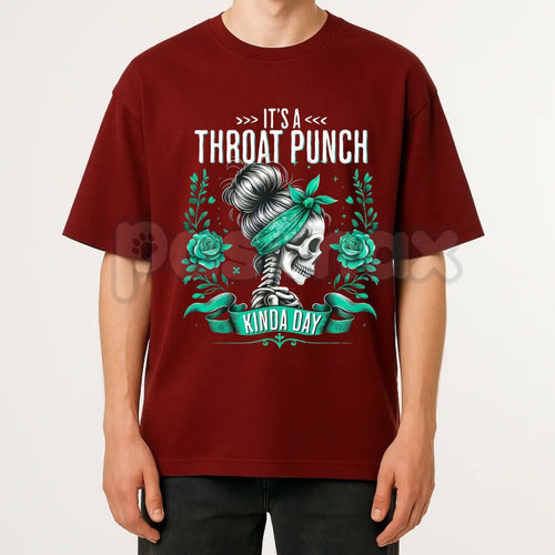 "It's A Throat Punch Kinda Day" Skull & Roses T-Shirt – Men's Edgy Biker Style Graphic Tee, Premium 100% Cotton Sarcastic Attitude Top, Soft Lived-In Heavyweight Gritty Statement Shirt, Made in USA