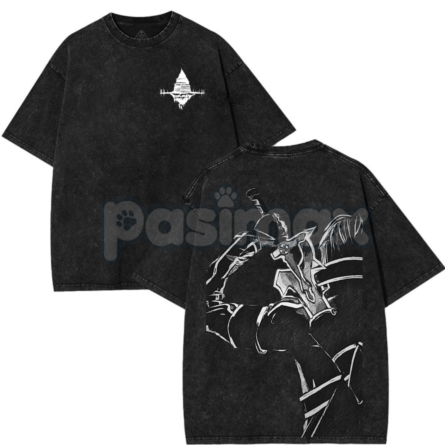 Pasimax Sword Art Online Kirito B&W V1 T-Shirt – Vintage Washed Oversized Anime Manga Graphic Tee — detail close-up