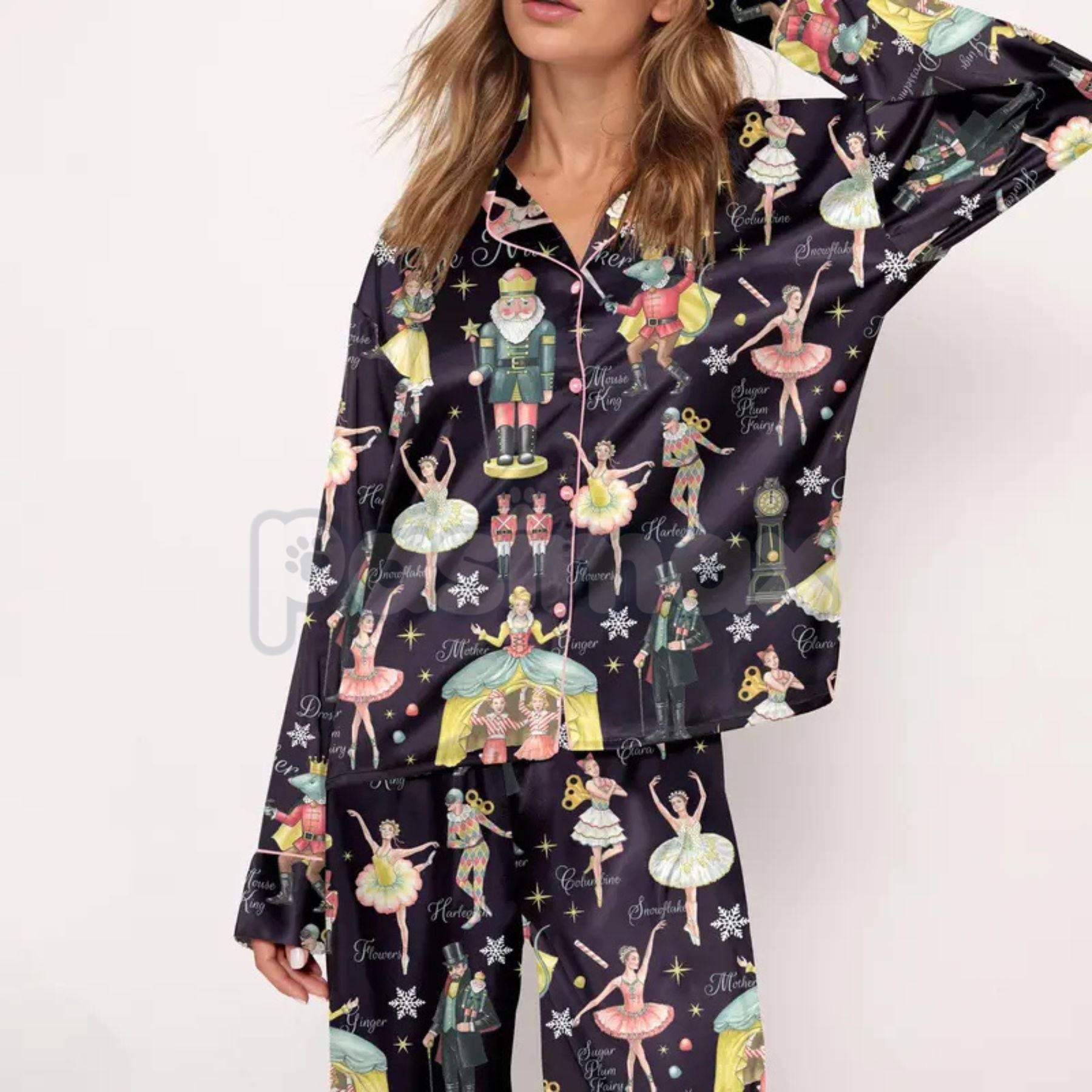 Pasimax Silky Nutcracker Christmas Pajama Set for Women - Elegant Ballet Print Loungewear & Holiday Sleepwear — side view