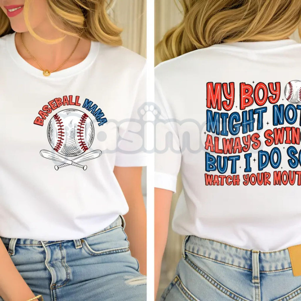 Pasimax "My Boy Might Not Always Swing But I Do" Baseball Mama Shirt - Funny Baseball Mom Graphic Tee, Premium 100% Cotton Sp