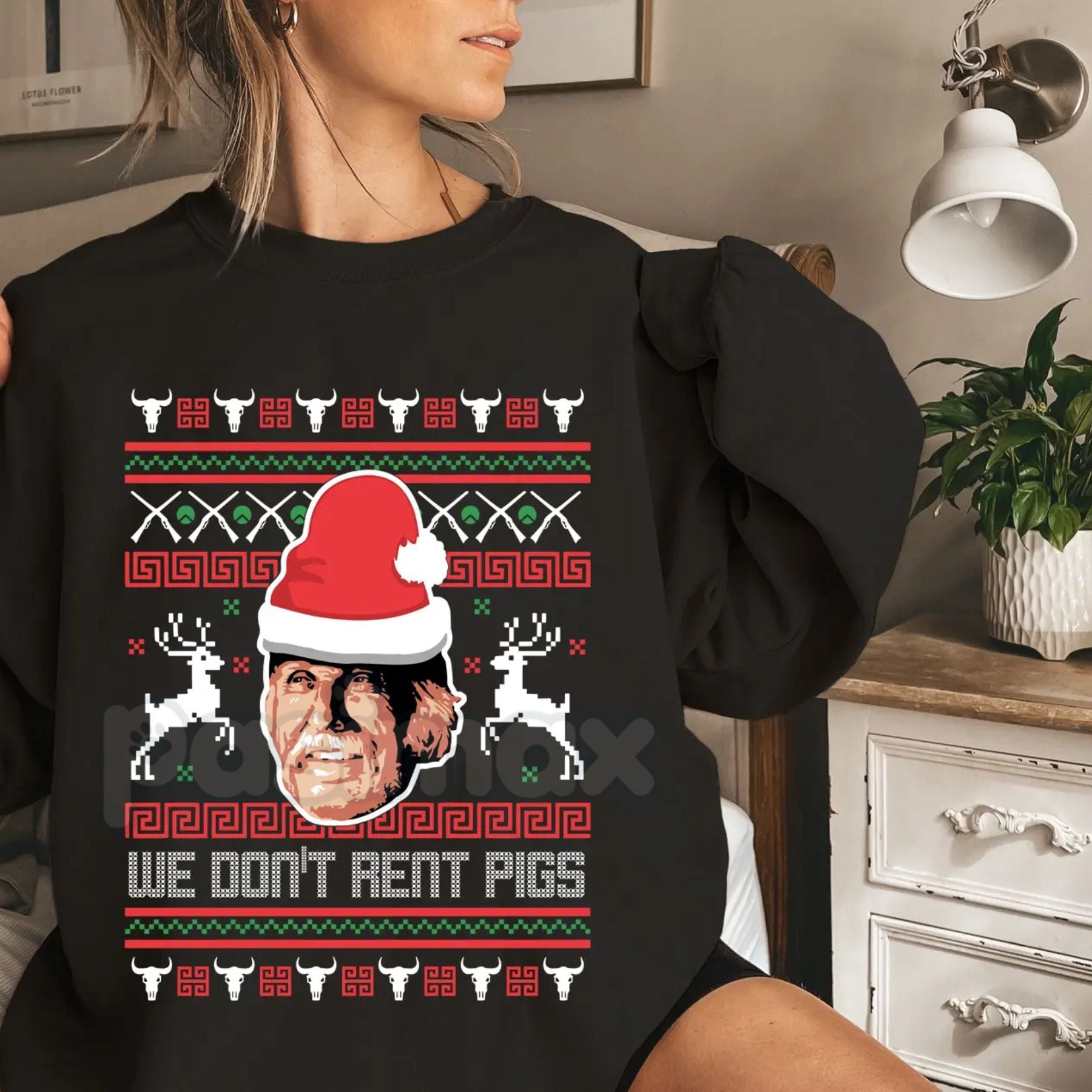Pasimax "We Don't Rent Pigs" Ugly Christmas Sweater | Funny Western Movie Christmas Sweatshirt | Tombstone Fan Holiday Jumper