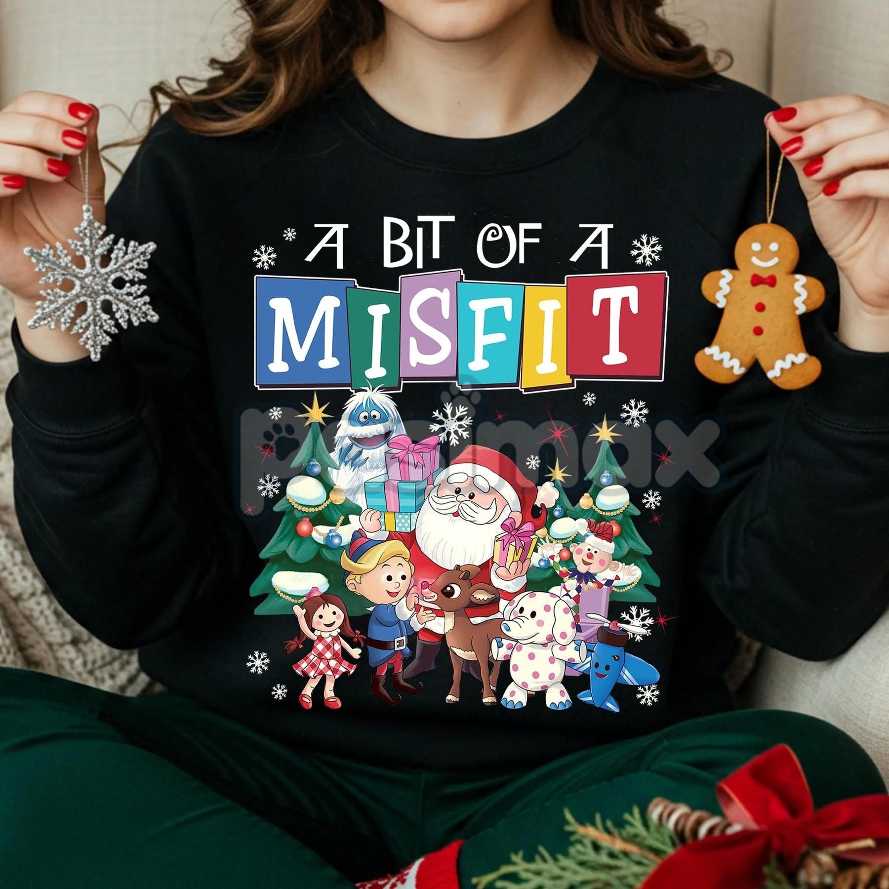 Pasimax Rudolph and Friends Xmas Sweatshirt – Iconic Red Nosed Reindeer Holiday Crewneck — detail close-up