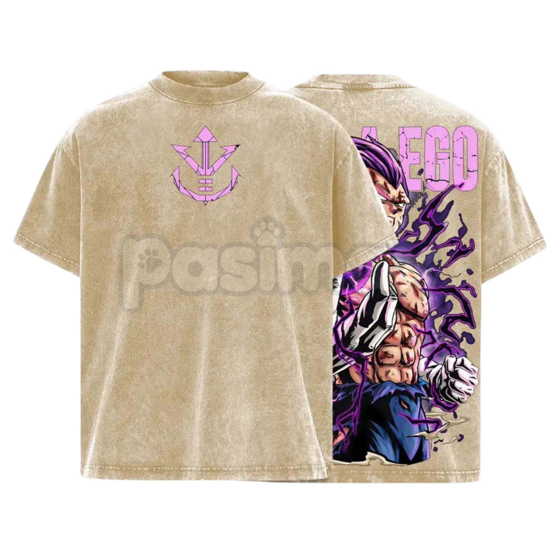Pasimax Ultra Ego Saiyan Warrior Tee – Purple Destruction Power Anime Vintage Washed Oversized Streetwear — detail close-up