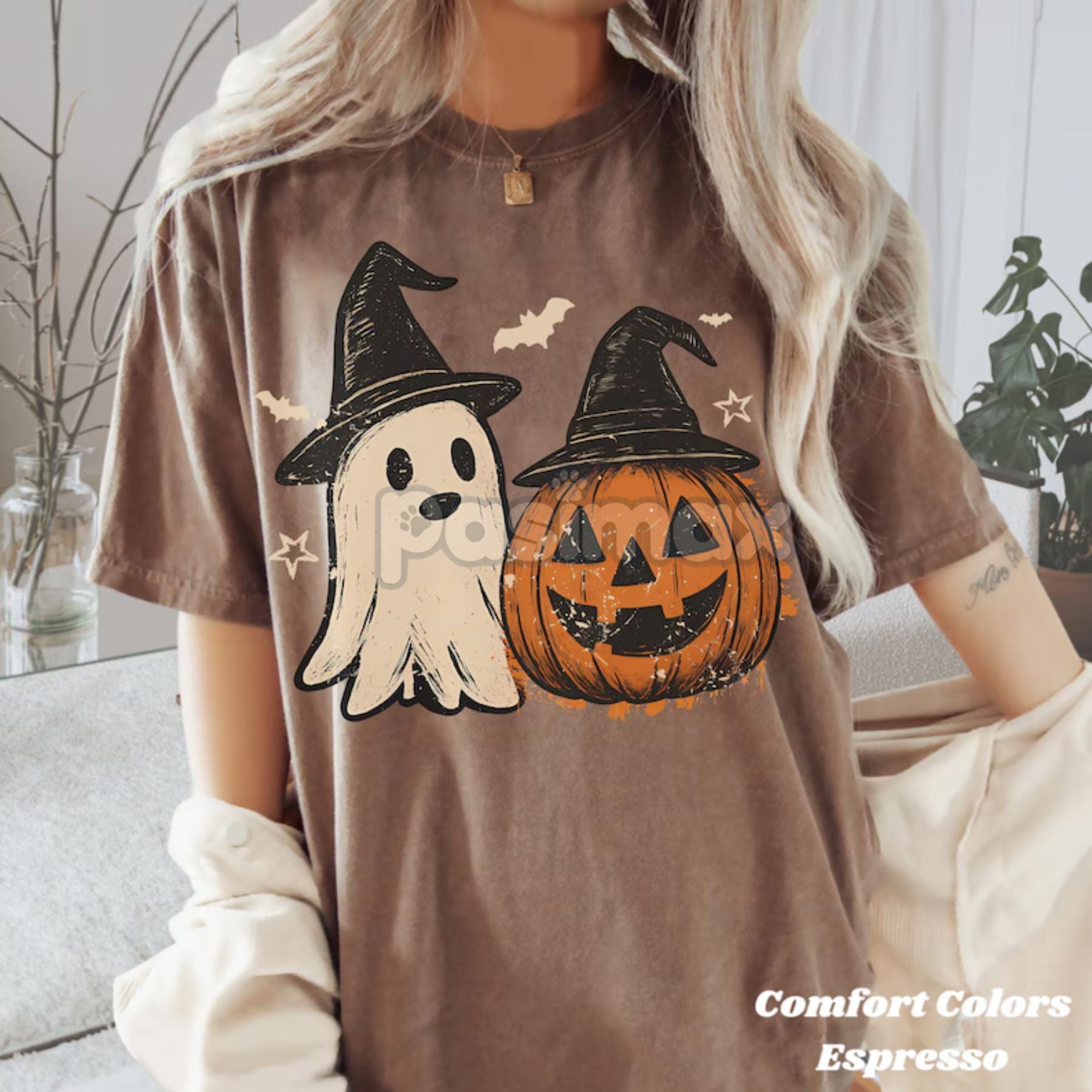 Pasimax Comfort Colors® Cozy Floral Patchwork Ghost Shirt — detail close-up