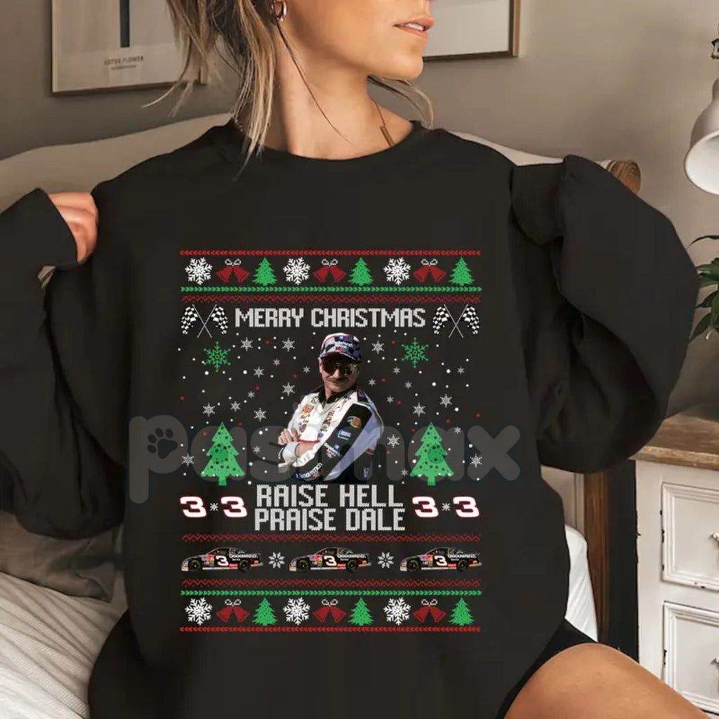 Pasimax Merry Christmas Raise Hell Praise Dale Sweatshirt | Funny NASCAR Dale Earnhardt Holiday Jumper | Rebel Fan Gift Crewn