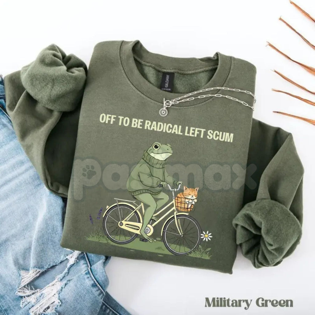 Pasimax Radical Left Scum Sweatshirt | Retro Groovy Political Crewneck | Vintage 70s Resistance Jumper | Frog and Cat Bicycle