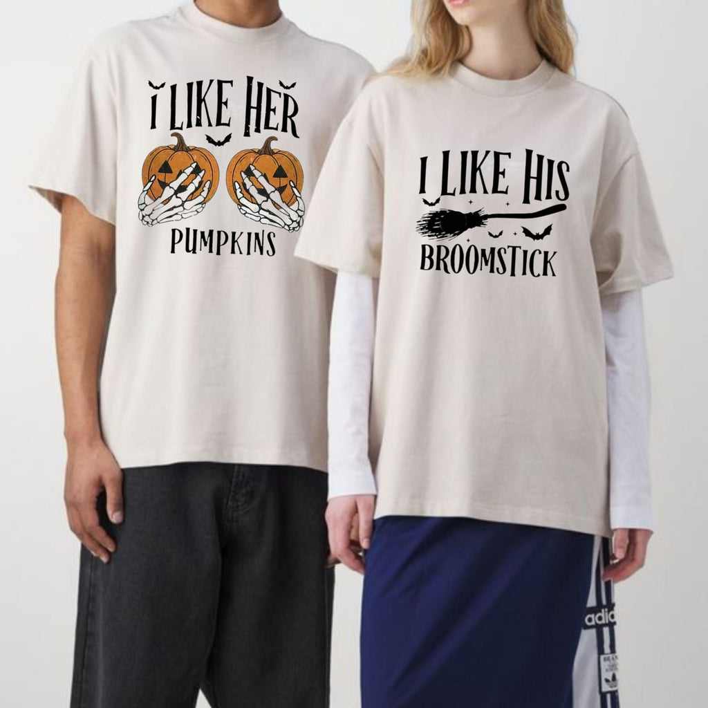 Pasimax "I Like Her Pumpkins / I Like His Broomstick" T-Shirts — detail close-up