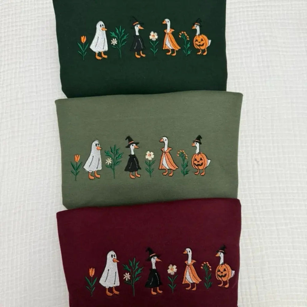 Pasimax Spooky Goose Halloween Sweatshirt – Funny Embroidered Crewneck — detail close-up