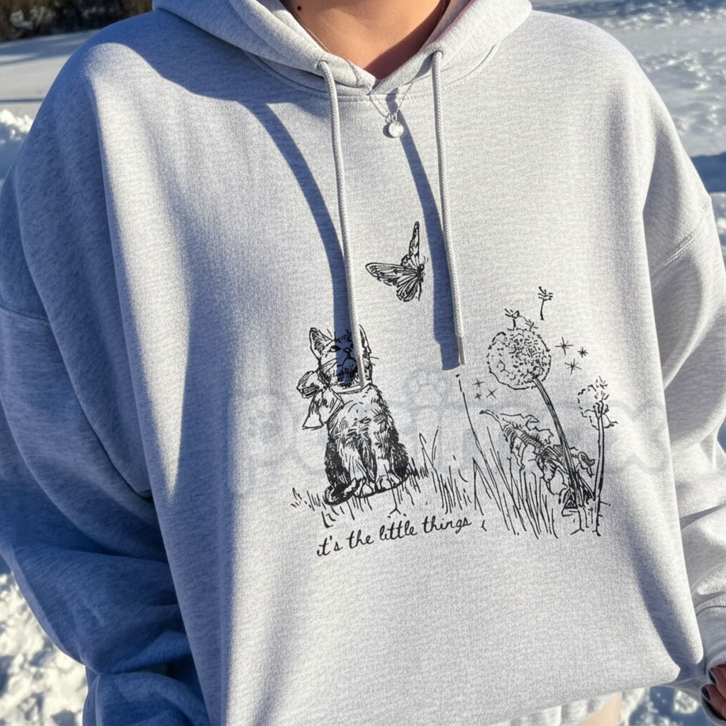 Pasimax "Enjoy The Little Things" Cute Cat & Nature Hoodie – Whimsical Aesthetic Pullover, Cozy Cat Lover Streetwear, Unisex 