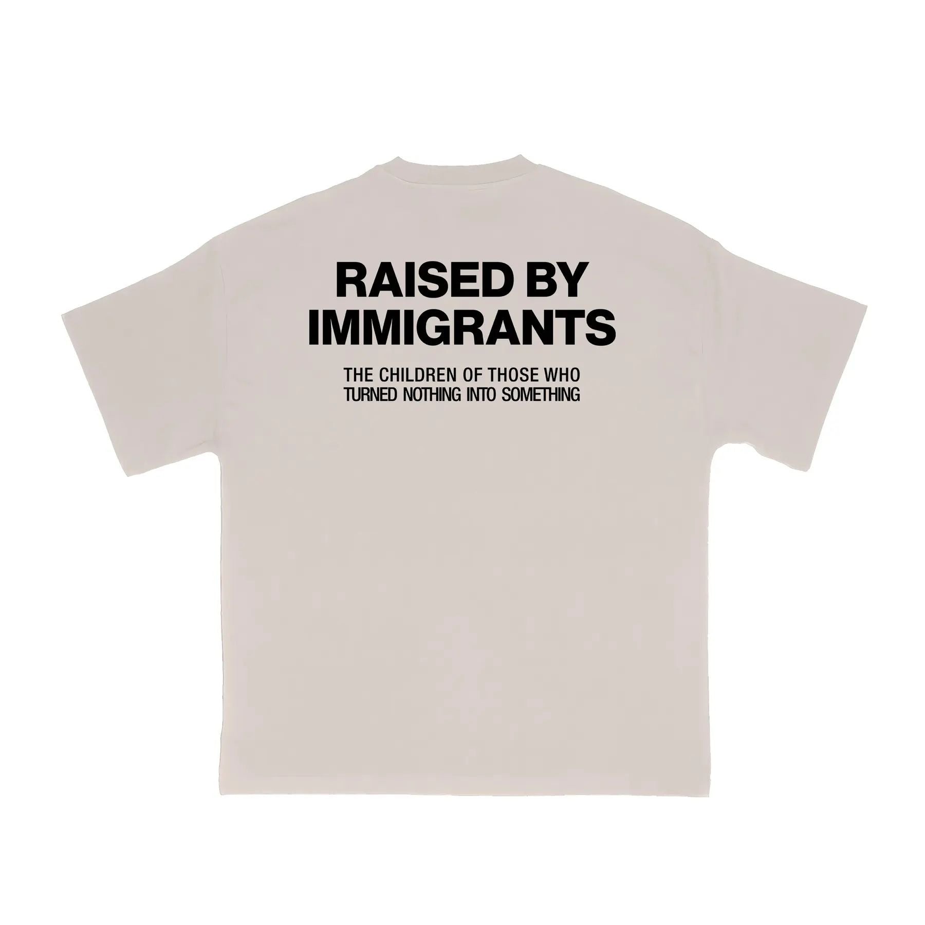 Pasimax "Raised by Immigrants" Statement Tee — detail close-up
