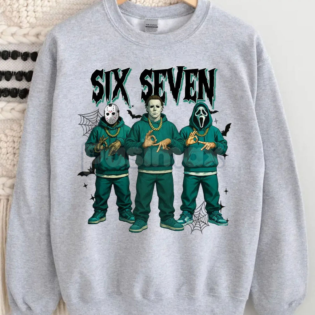 Pasimax Funny "Six Seven" 67 Halloween Shirt | Slasher Movie Killers Sweatshirt – Horror Fan Gift — detail close-up
