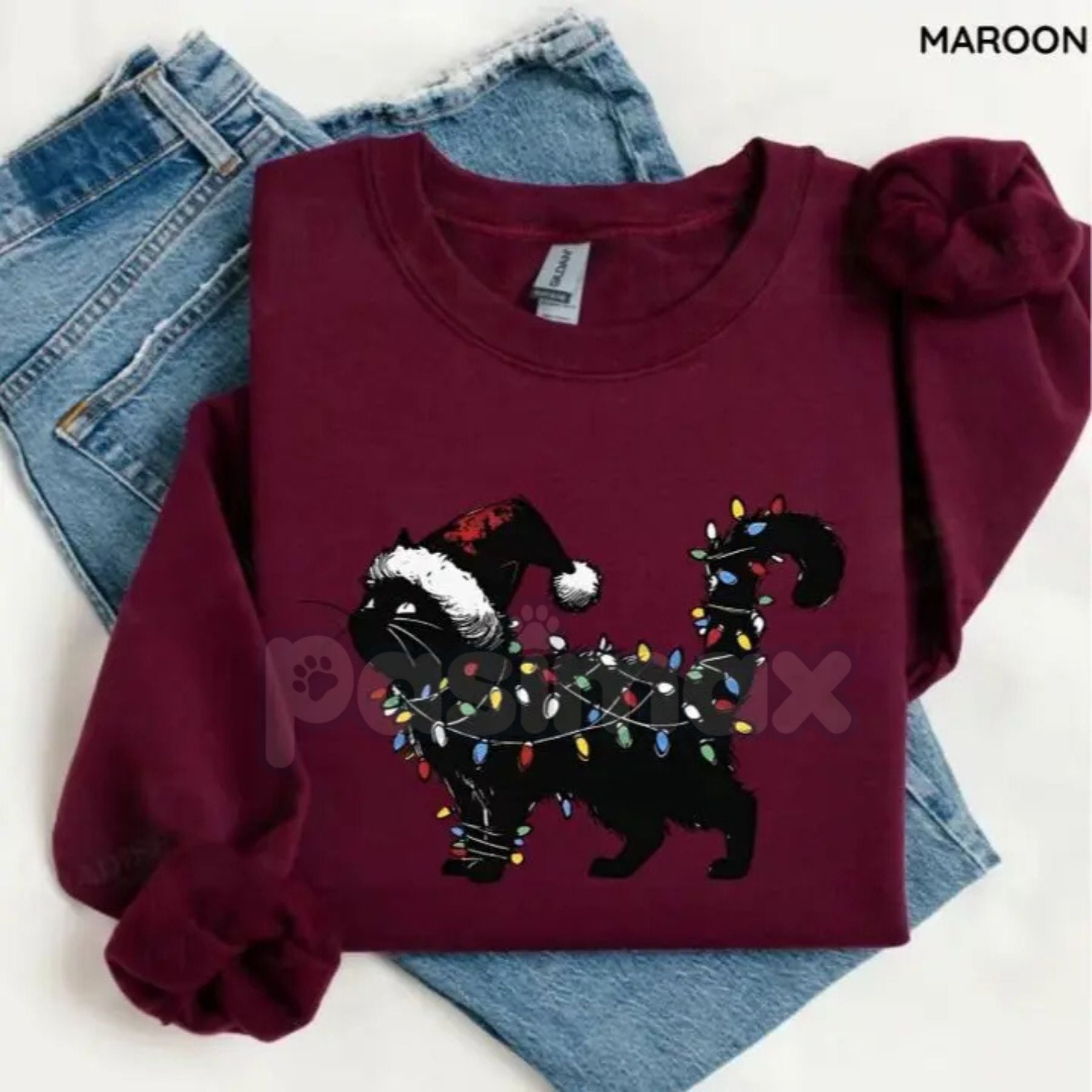 Pasimax Cute Cat Christmas Sweatshirt – Funny Feline Holiday Crewneck on a Gildan 18000 — lifestyle context
