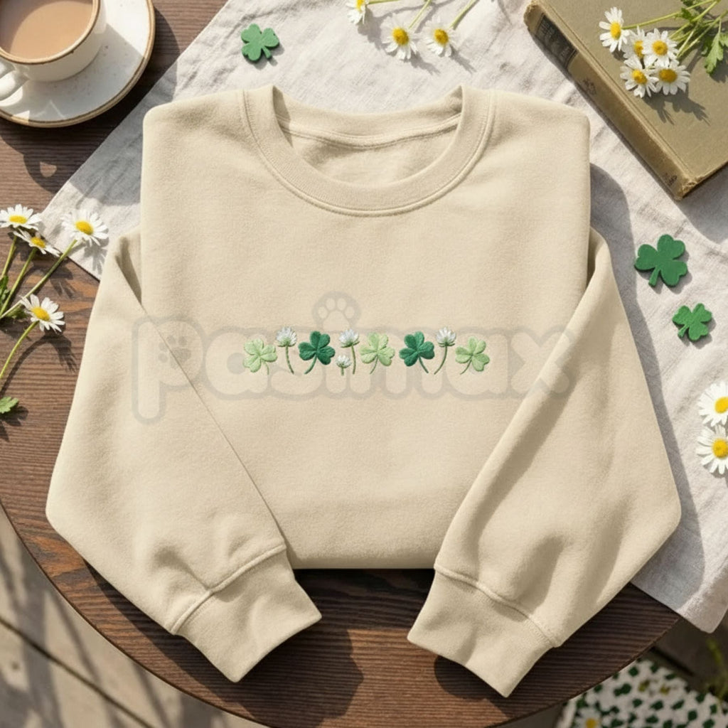 Pasimax Embroidered Shamrock Meadow Crewneck – St. Patrick’s Day Lucky Four-Leaf Flower Sweatshirt — detail close-up