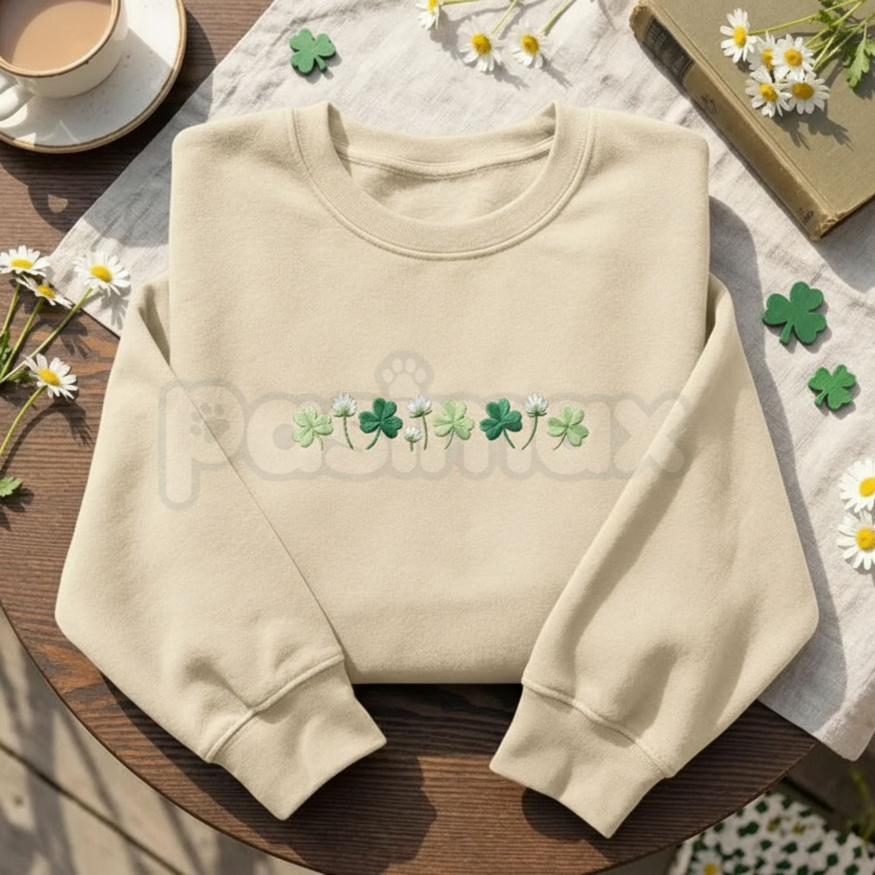 Pasimax Embroidered Shamrock Meadow Crewneck – St. Patrick’s Day Lucky Four-Leaf Flower Sweatshirt — detail close-up