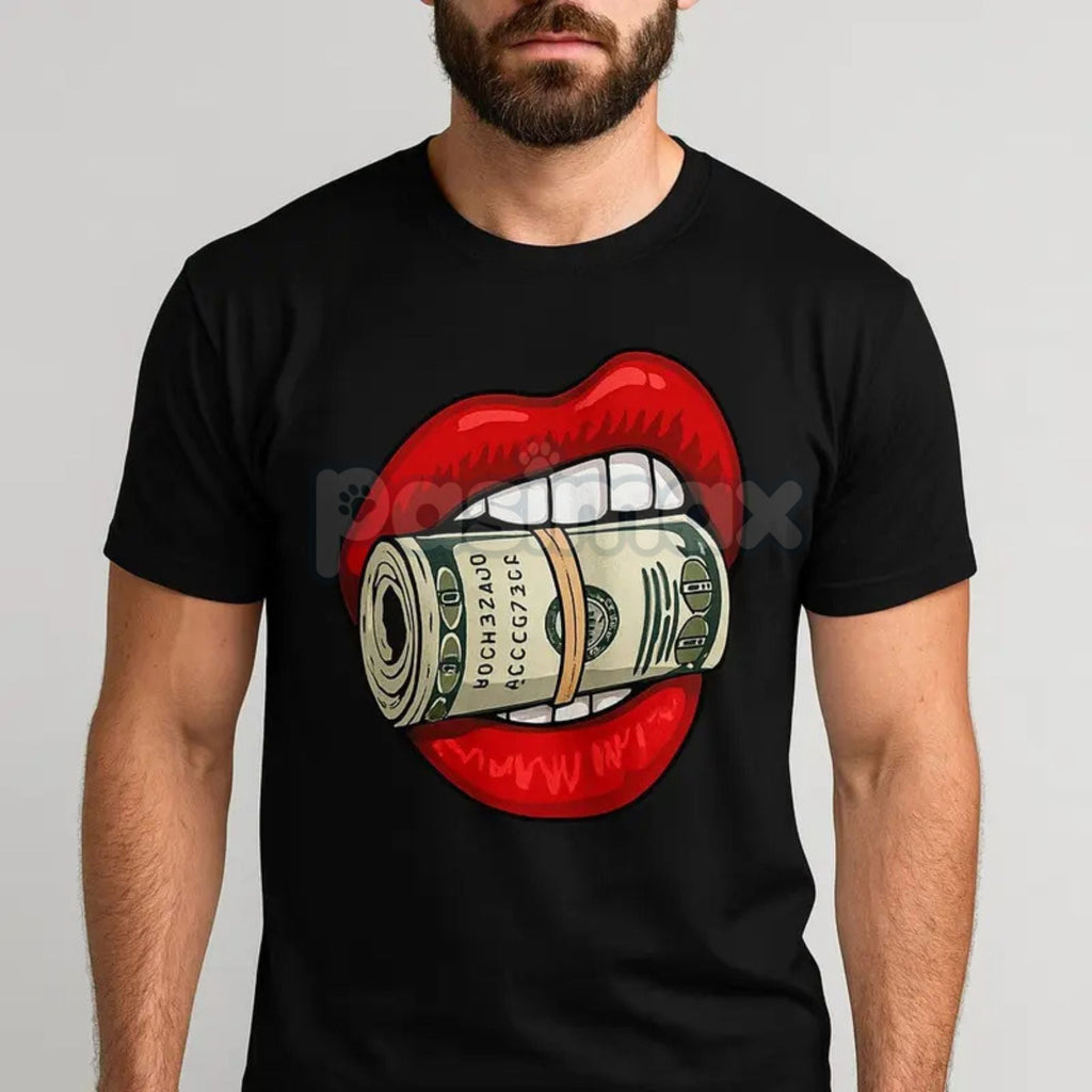 Pasimax Oversized Red Lips Biting Cash Roll Graphic Tee — detail close-up