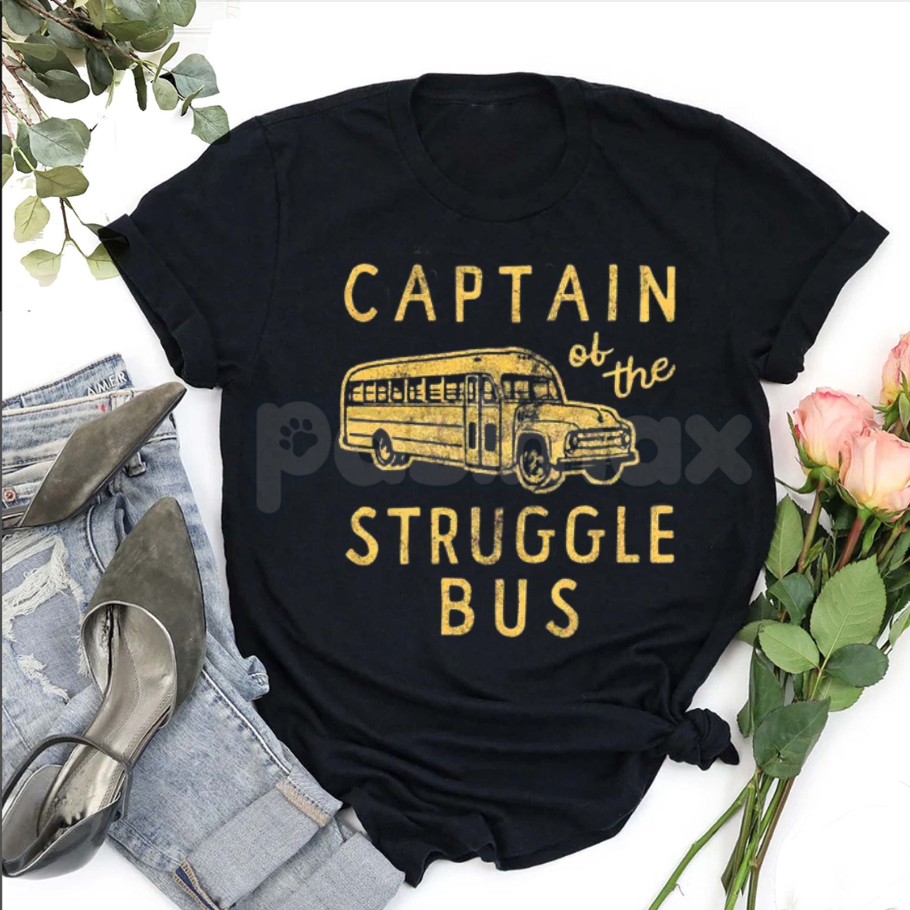 "Captain of The Struggle Bus" Funny T-Shirt – Sarcastic School Bus Graphic Tee, Premium 100% Cotton Novelty Humor Top, Soft Lived-In Heavyweight Relatable Parenting Shirt, Made in USA