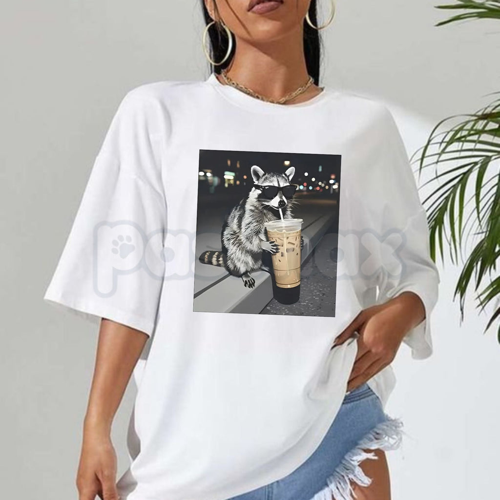 Pasimax Funny Raccoon Drinking Iced Coffee T-Shirt - Caffeinated Trash Panda Graphic Tee, Relatable Iced Coffee Lover Shirt, 